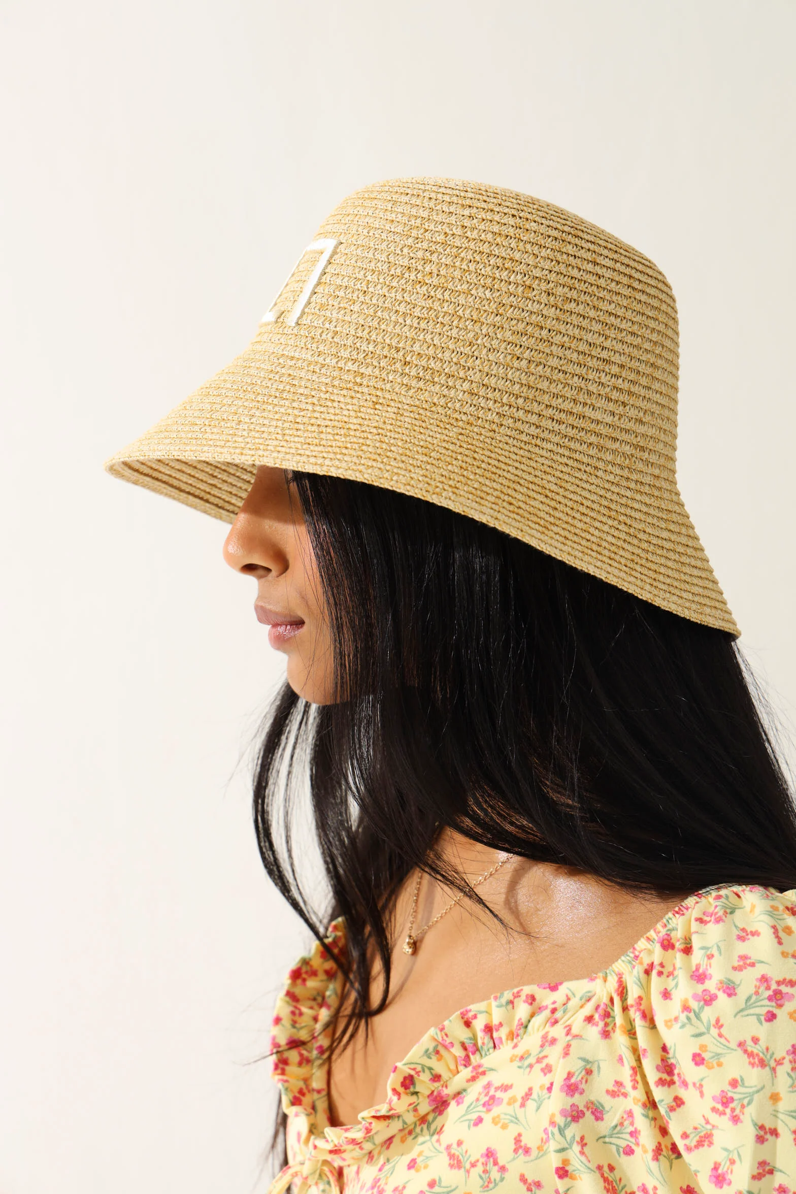 Embroidered Logo Straw Bucket Hat - Natural - Image 3