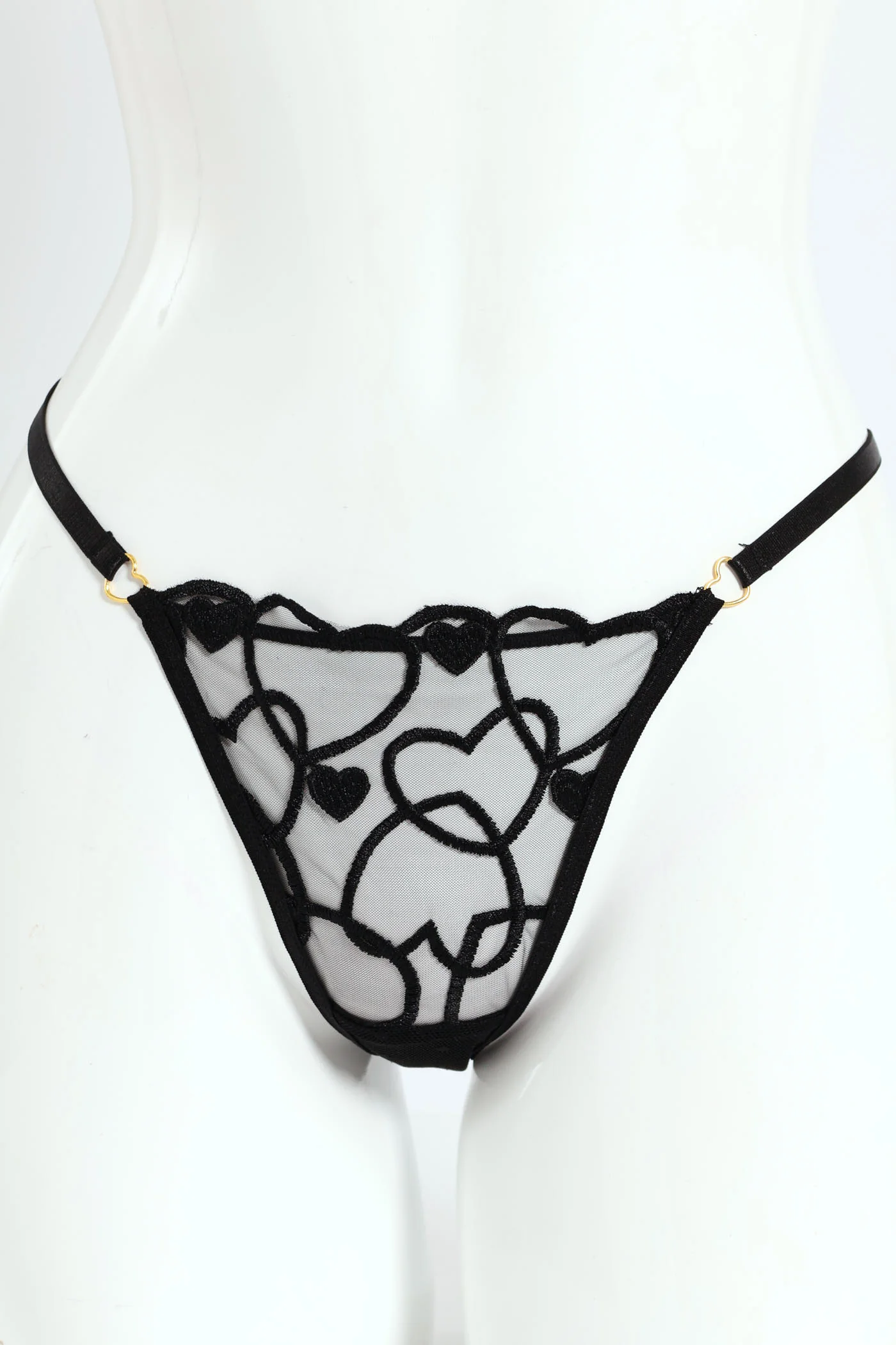 Embroidered Mesh Heart Brazilian Panty  - Black