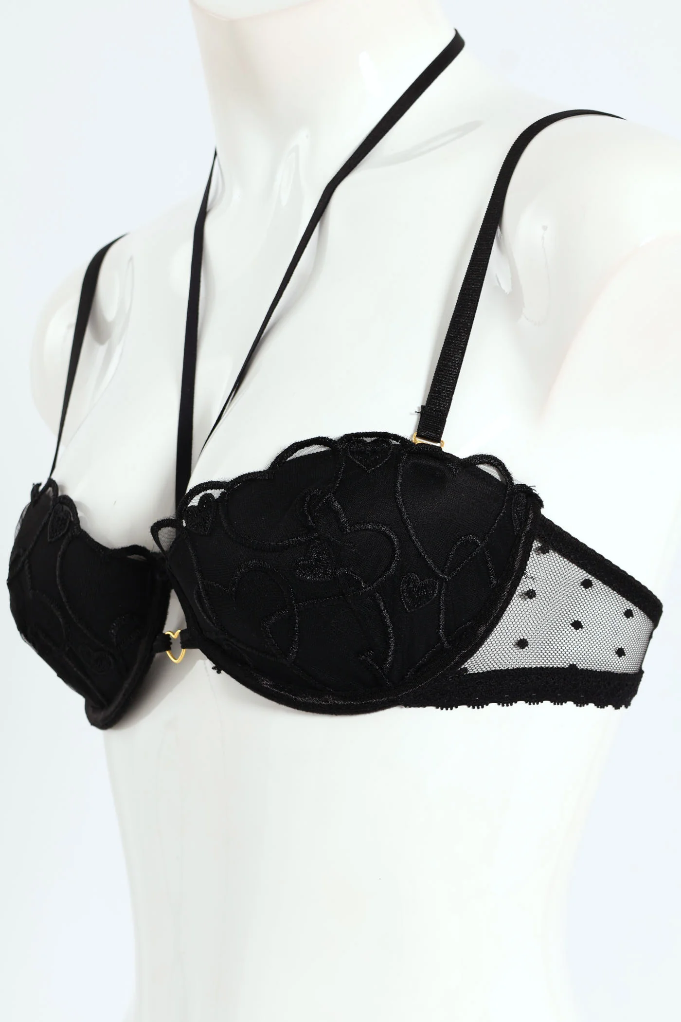 Embroidered Mesh Heart Strappy Balconette Bra - Black - Image 3