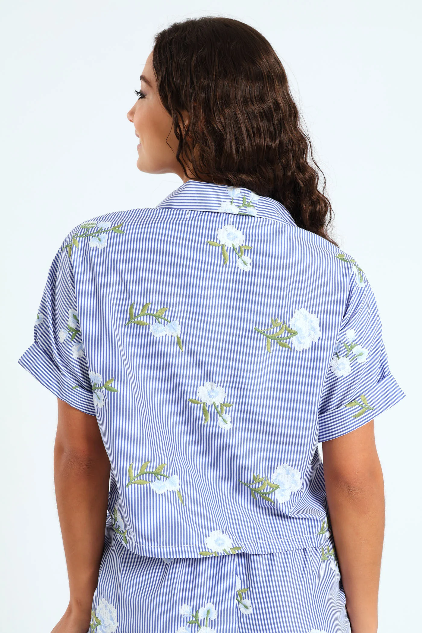 Embroidery Stripe Floral Shirt - White/Blue - Image 4