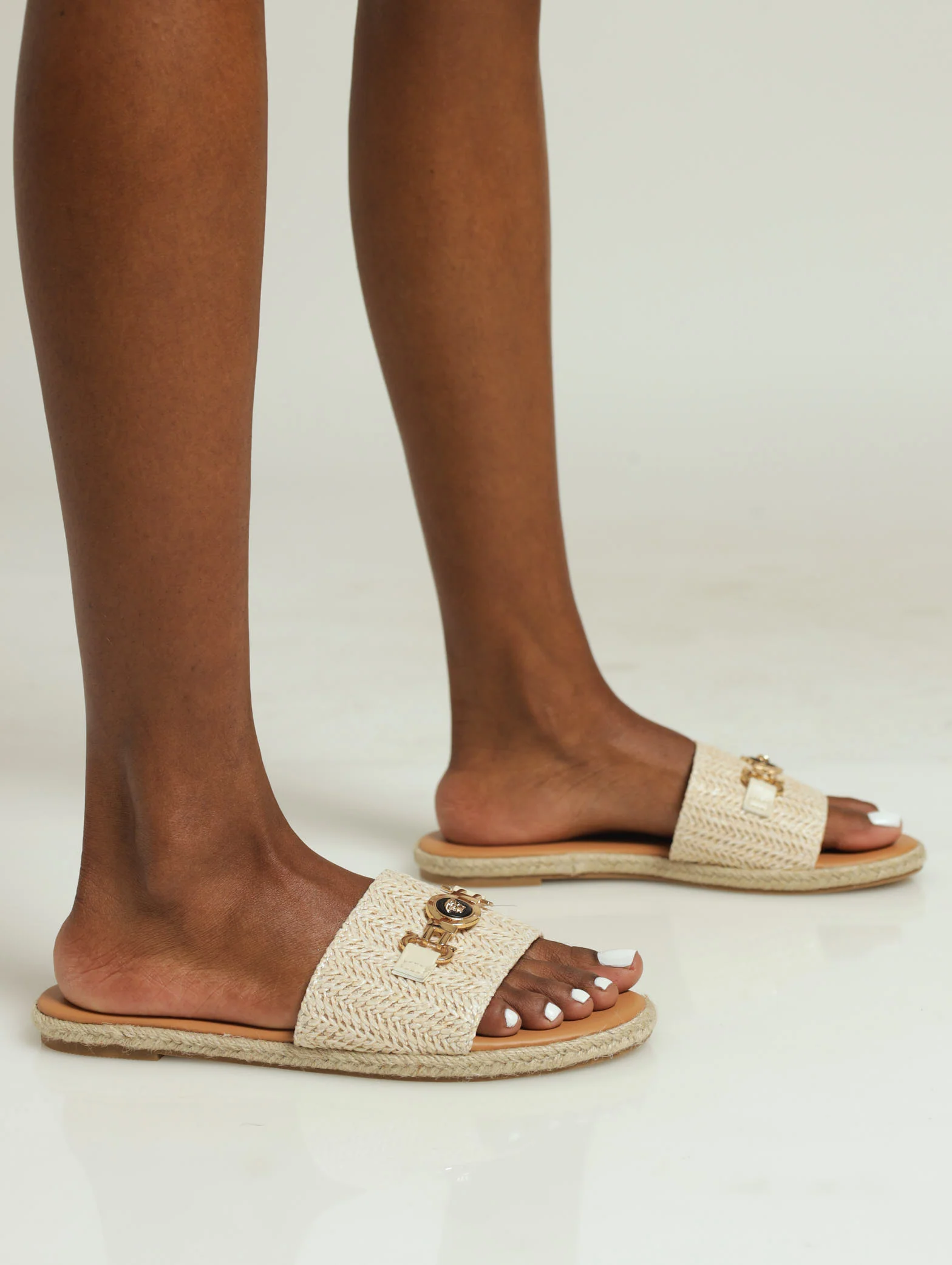 Espadrille One Strap Sandal With Coin Link - Beige - Image 2