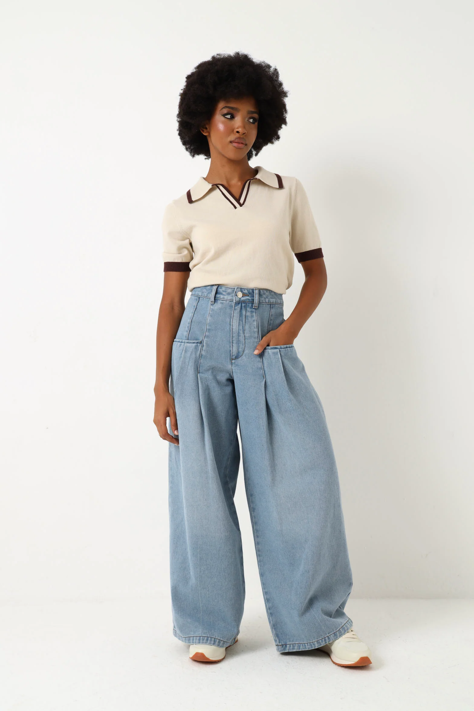 Exaggerated Pleat Pocket Wide Leg Jean - Stonewash - Image 6