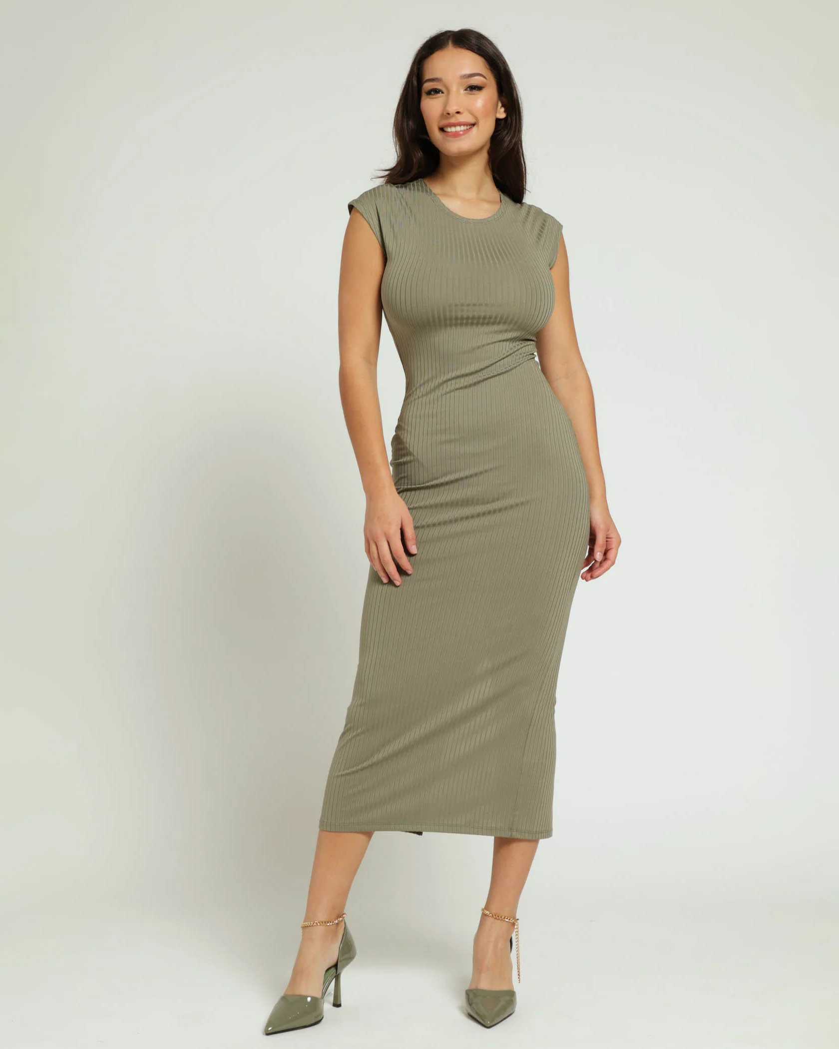 Extended Shoulder Ribb Maxi Dress - Fatigue