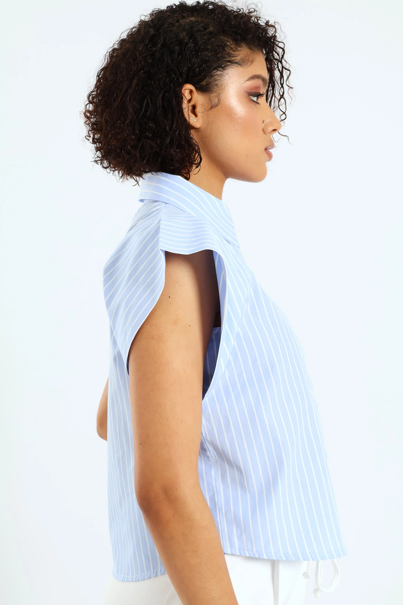 Extended Shoulder Stripe Shirt - Blue - Image 3