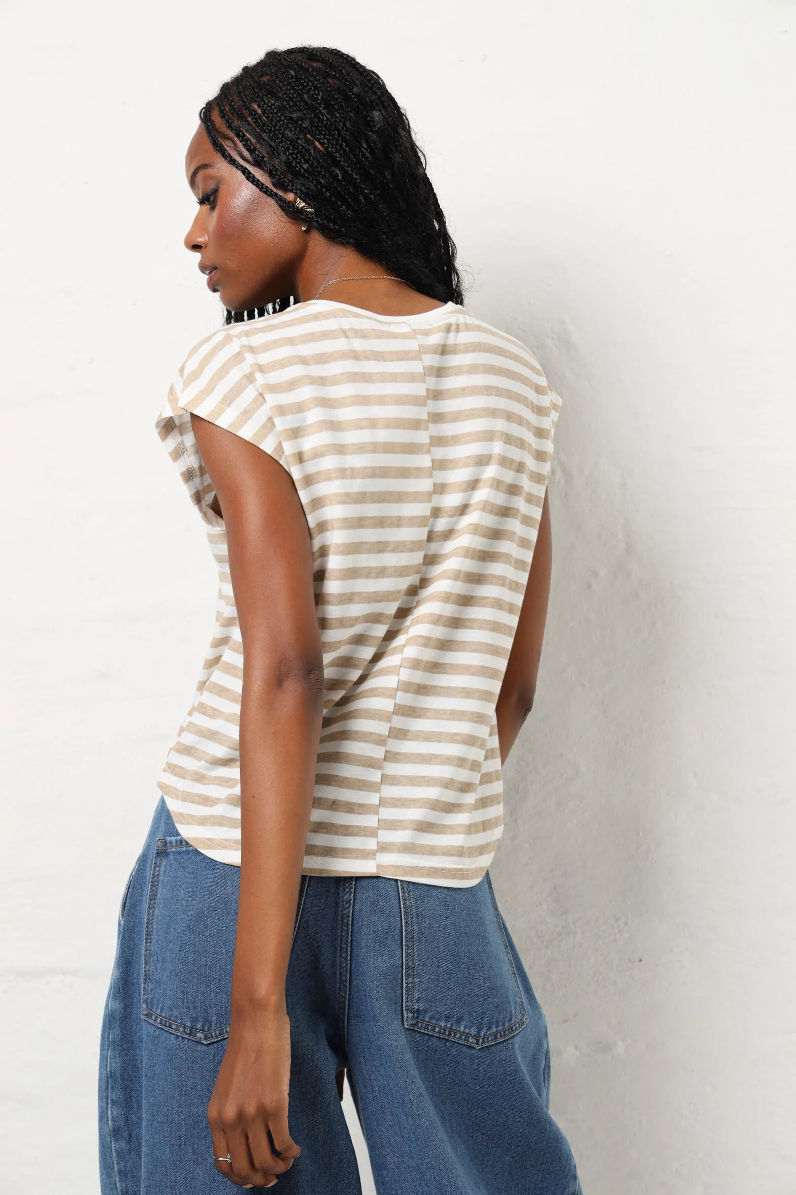 Extended Shoulder Stripe Tee - Beige/White - Image 3