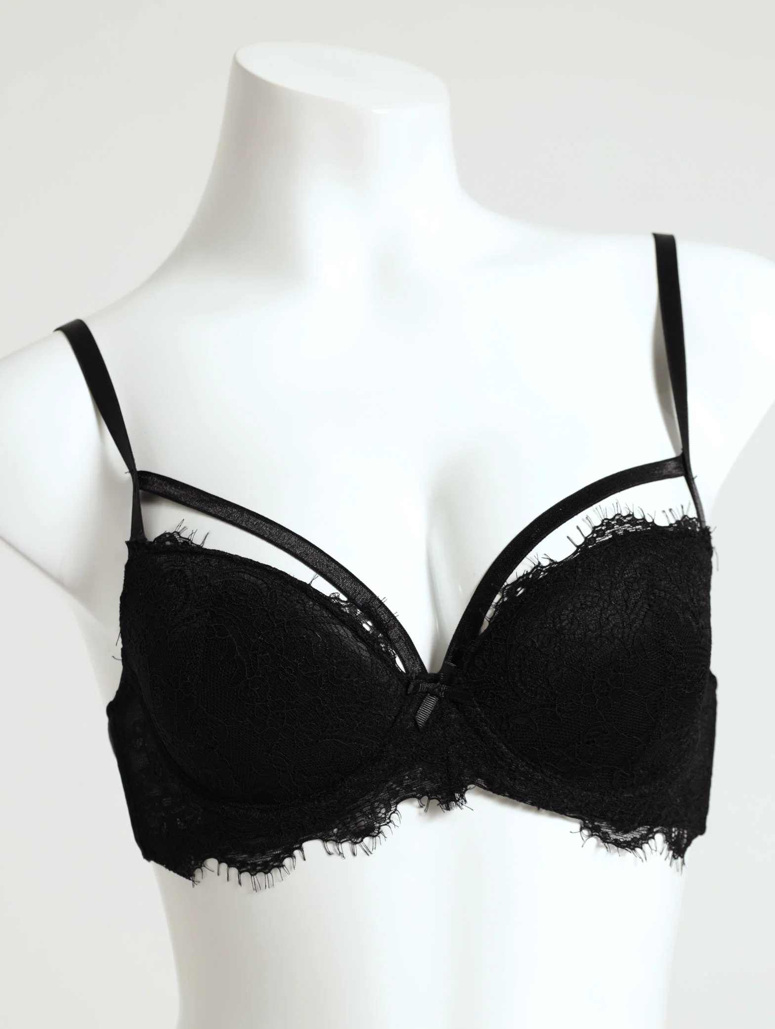 Eyelash Lace Balconette Bra With Strapping - Black