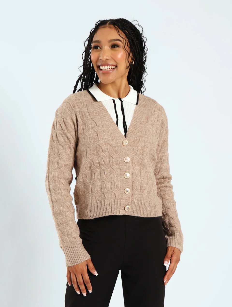 Fancy Button Cabled Cardigan - Stone