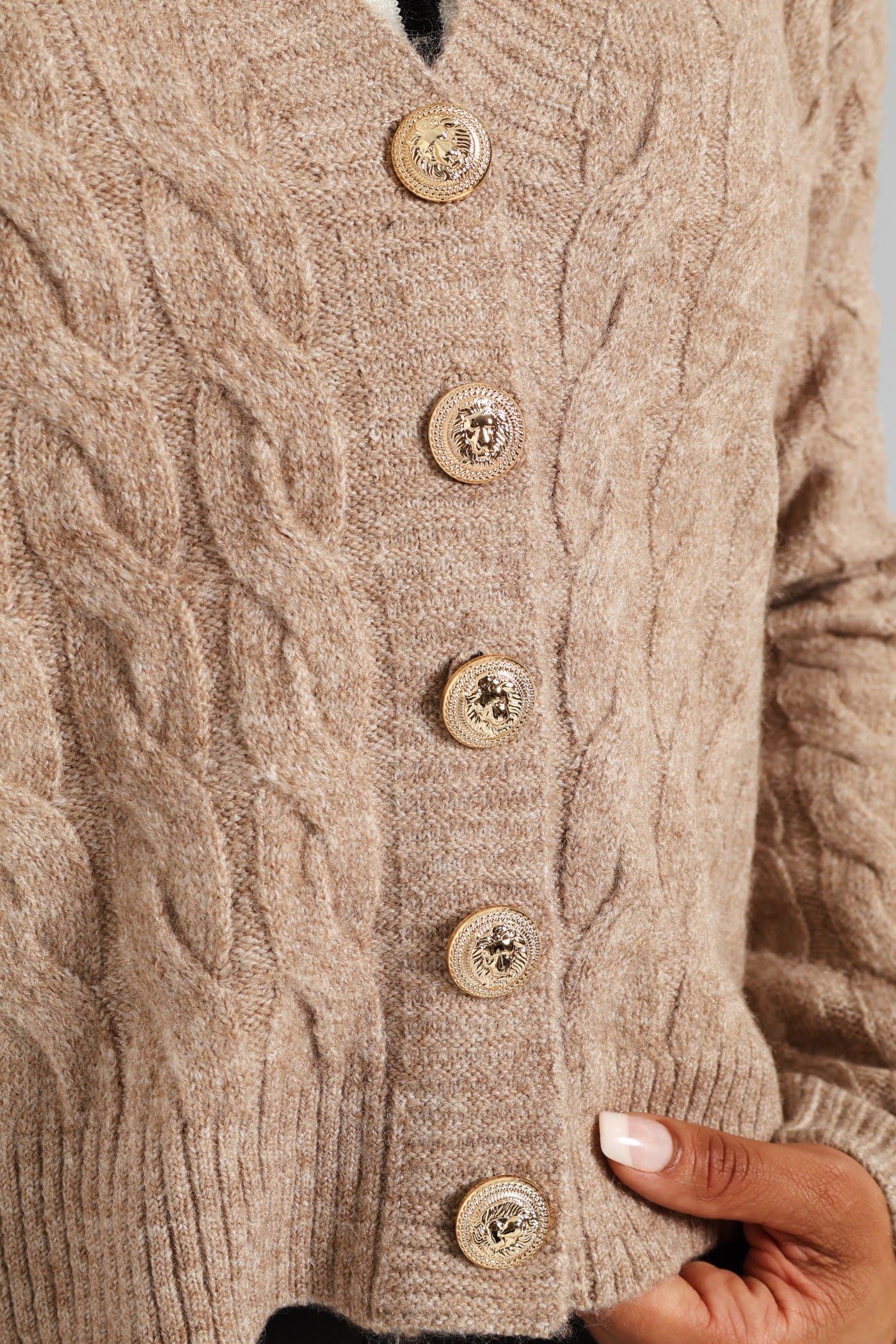 Fancy Button Cabled Cardigan - Stone - Image 2