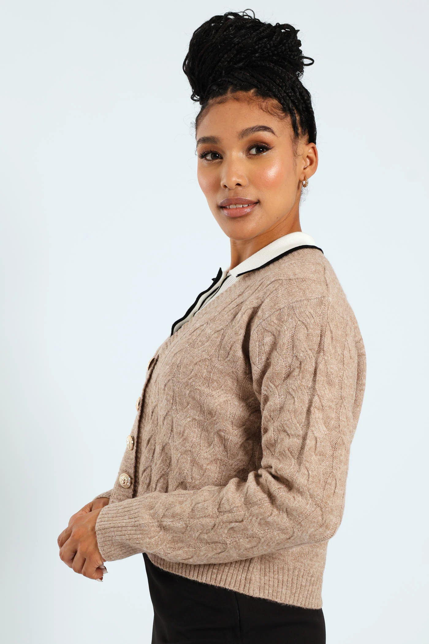 Fancy Button Cabled Cardigan - Stone - Image 3