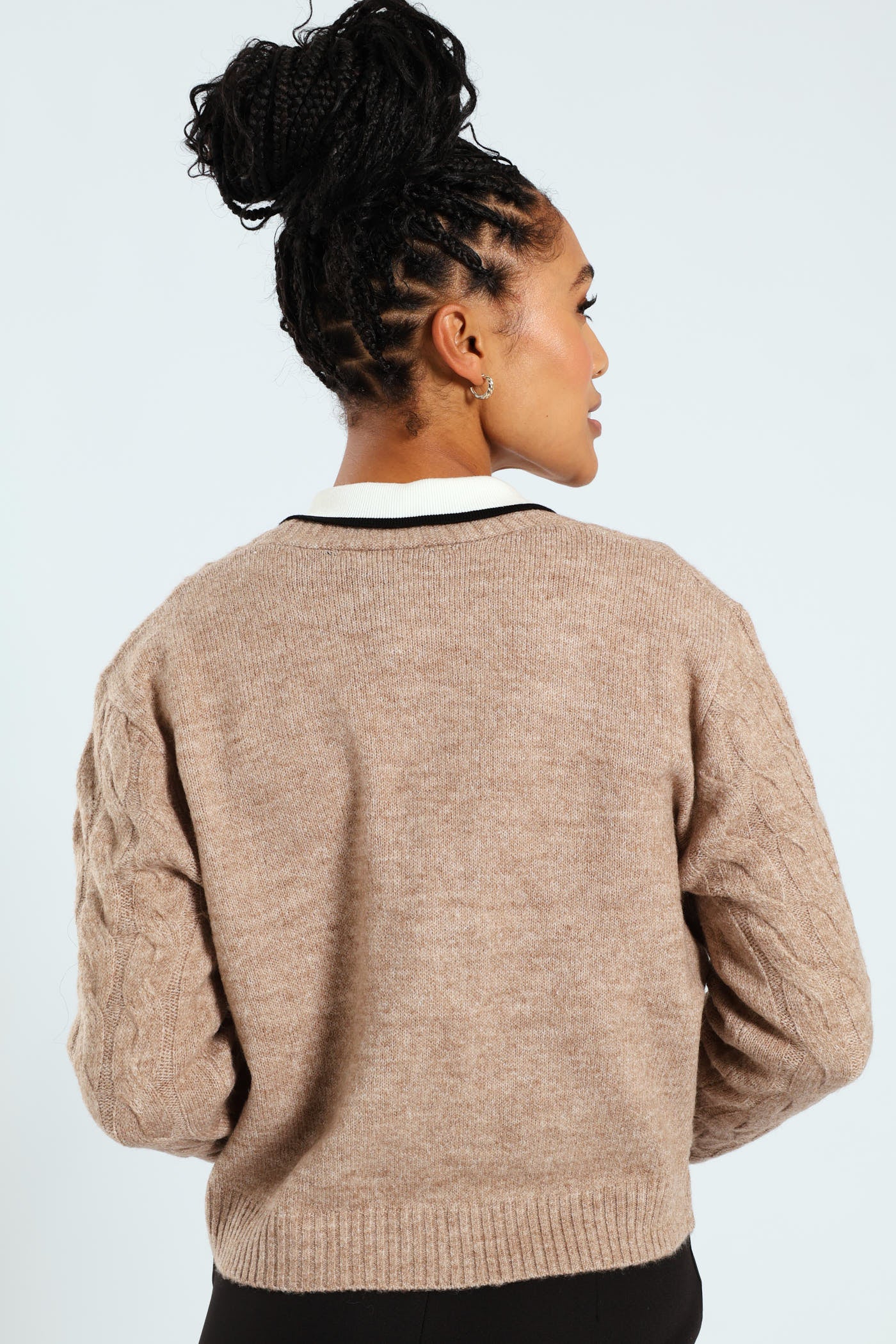 Fancy Button Cabled Cardigan - Stone - Image 5
