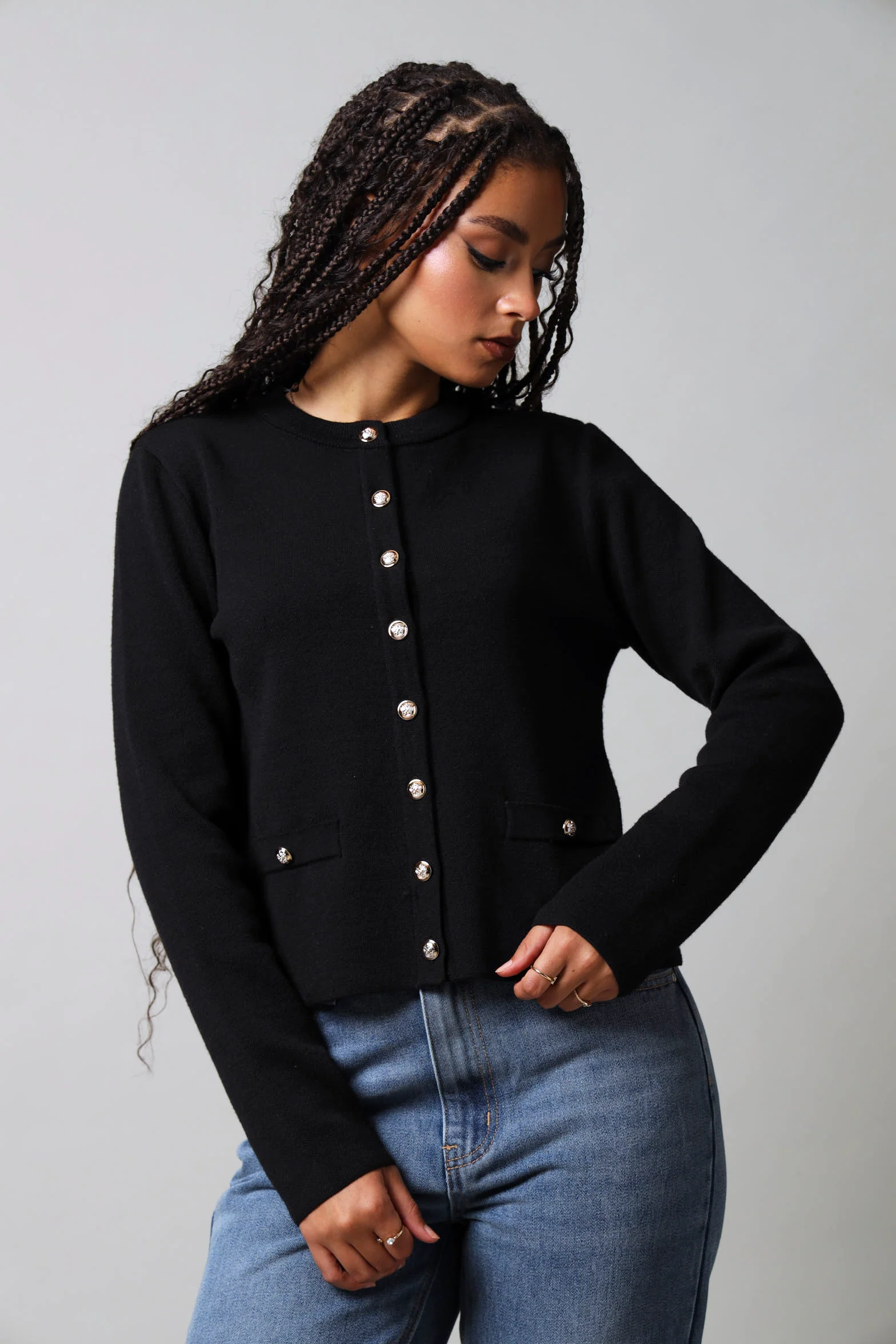 Fancy Button Cardigan - Black - Image 4
