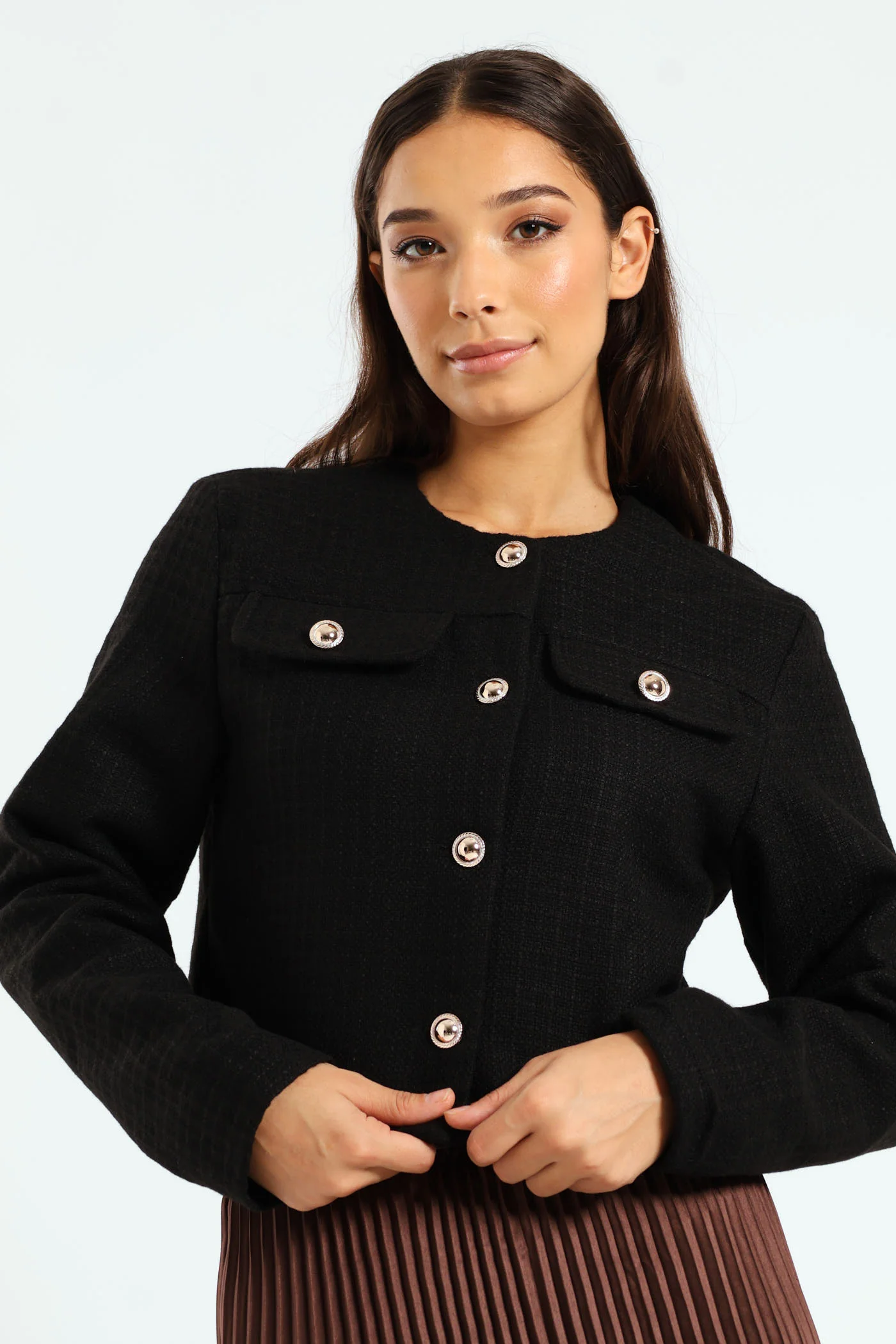 Fancy Button Cropped Tweed Jacket - Black - Image 3