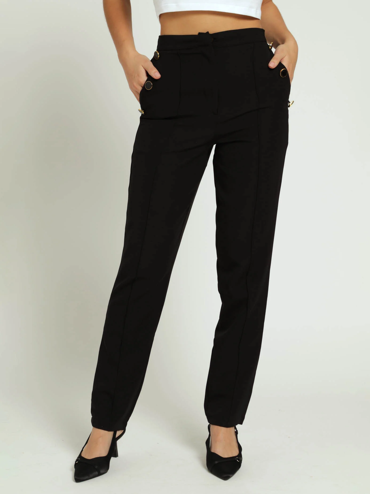 Fancy Button Detail Slimleg Pants - Black