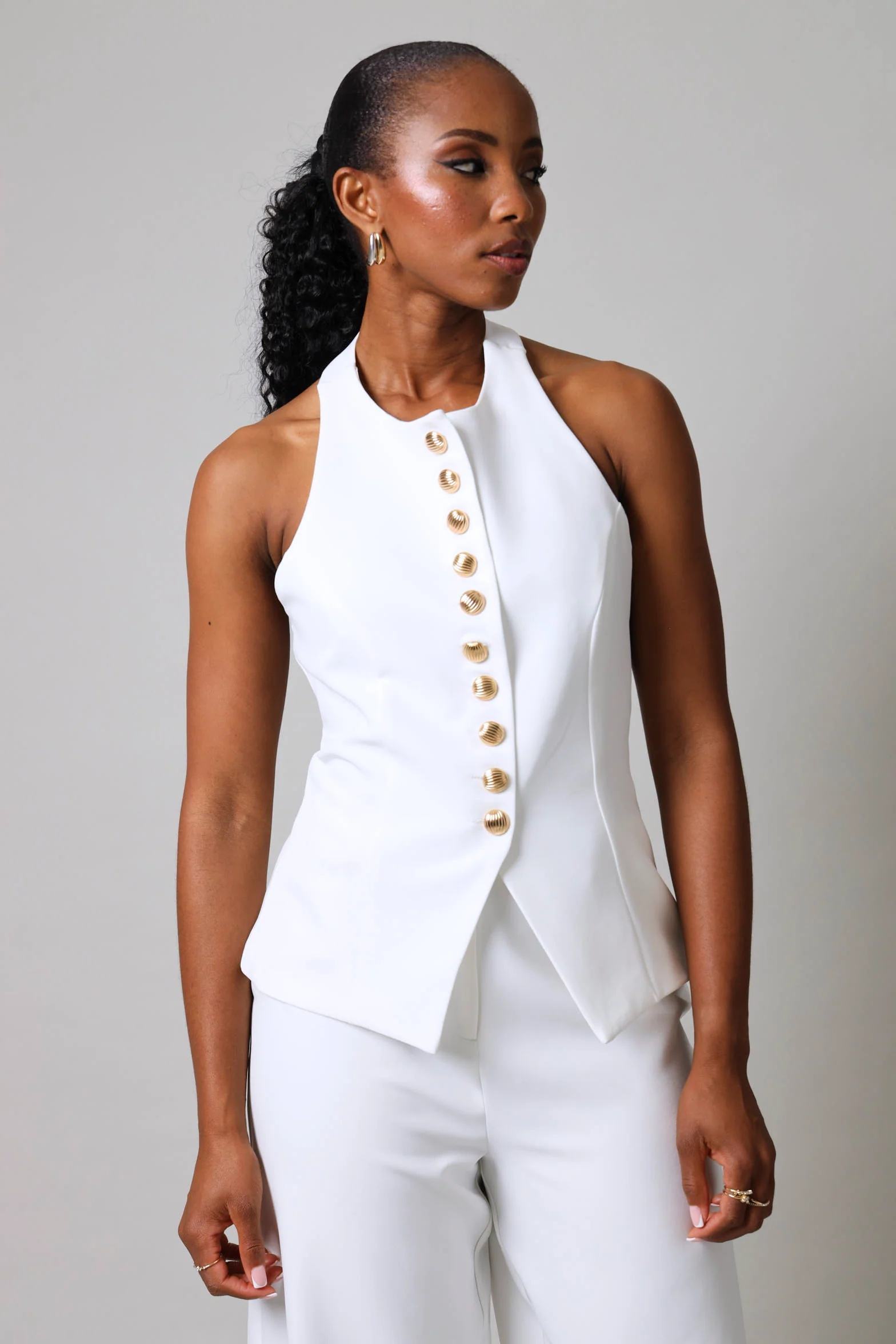 Fancy Button Halter Waistcoat - White