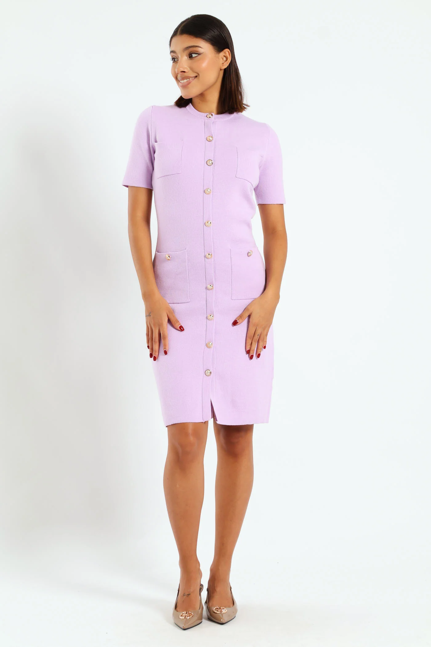 Fancy Button Knitwear Dress - Lilac - Image 3
