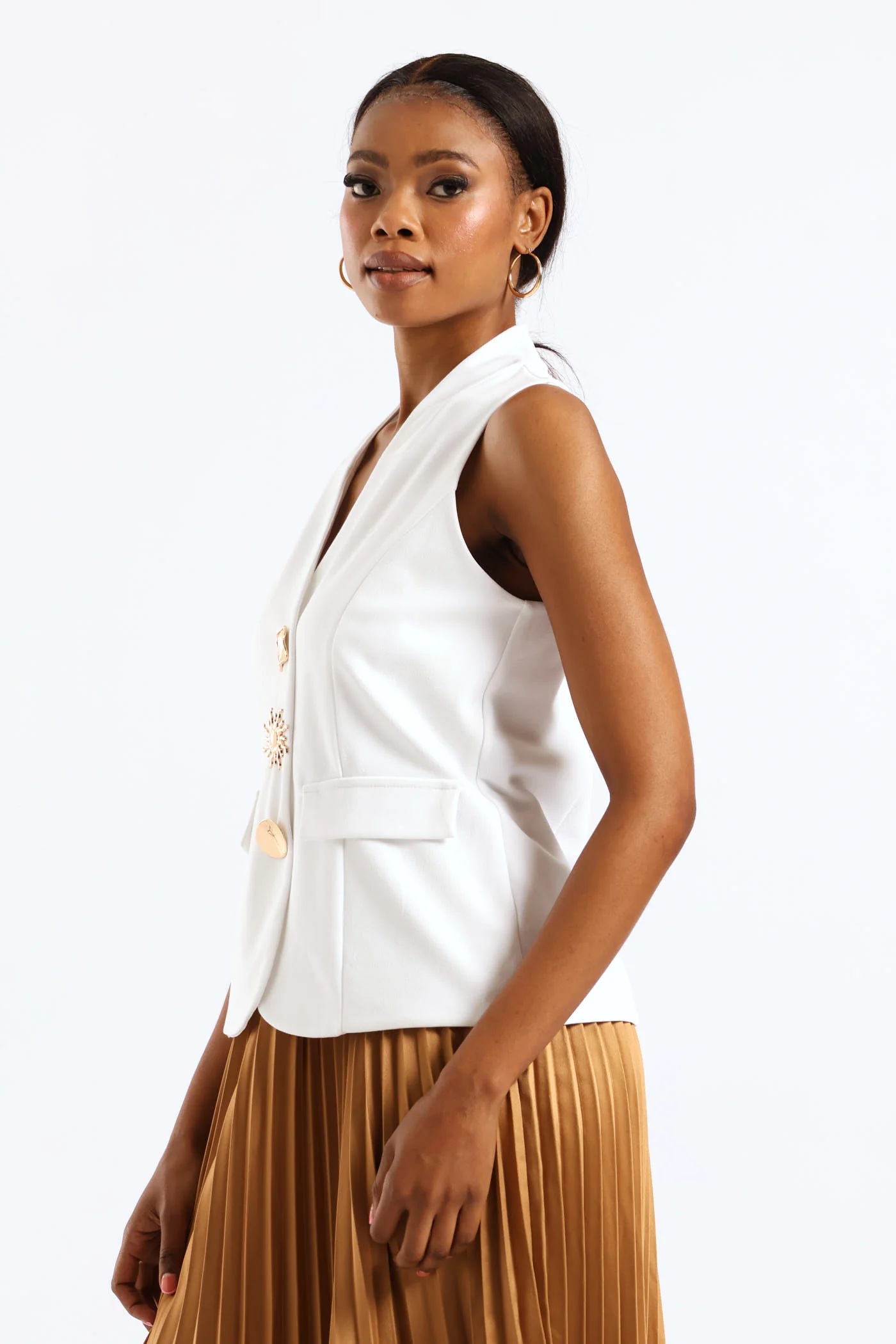 Fancy Button Sleeveless Waistcoat - White - Image 3