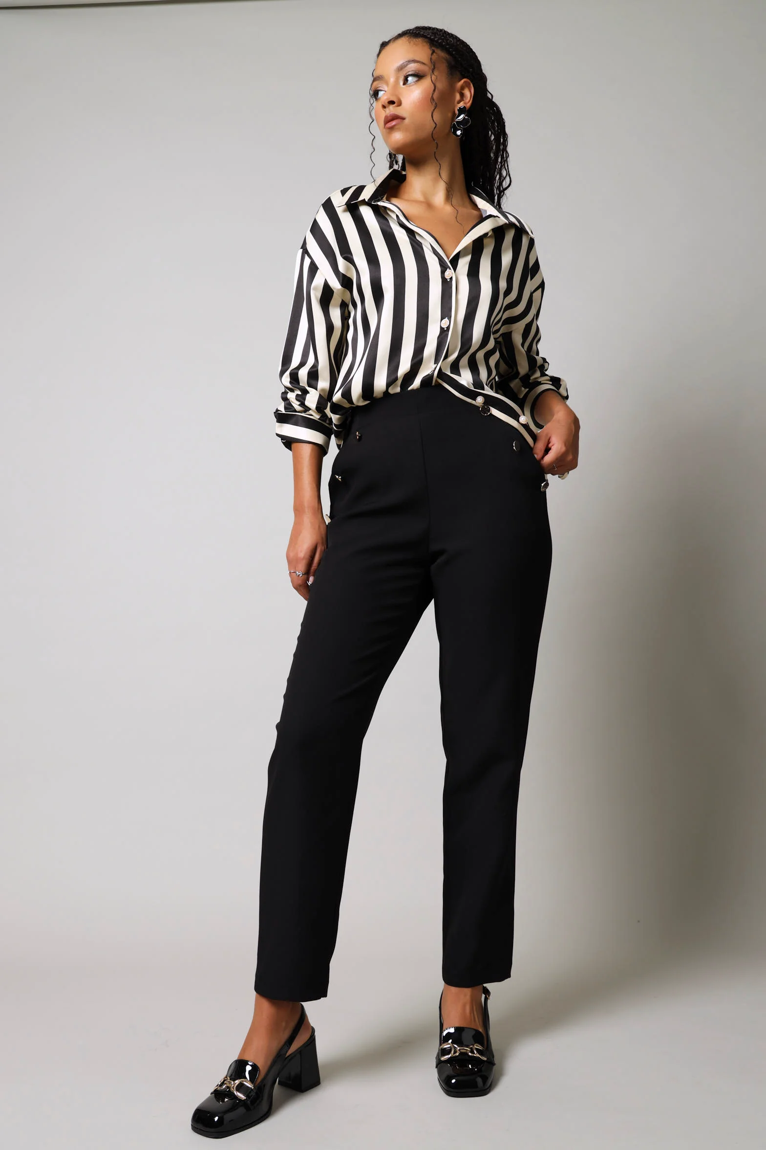 Fancy Button Slim Leg Pants - Black