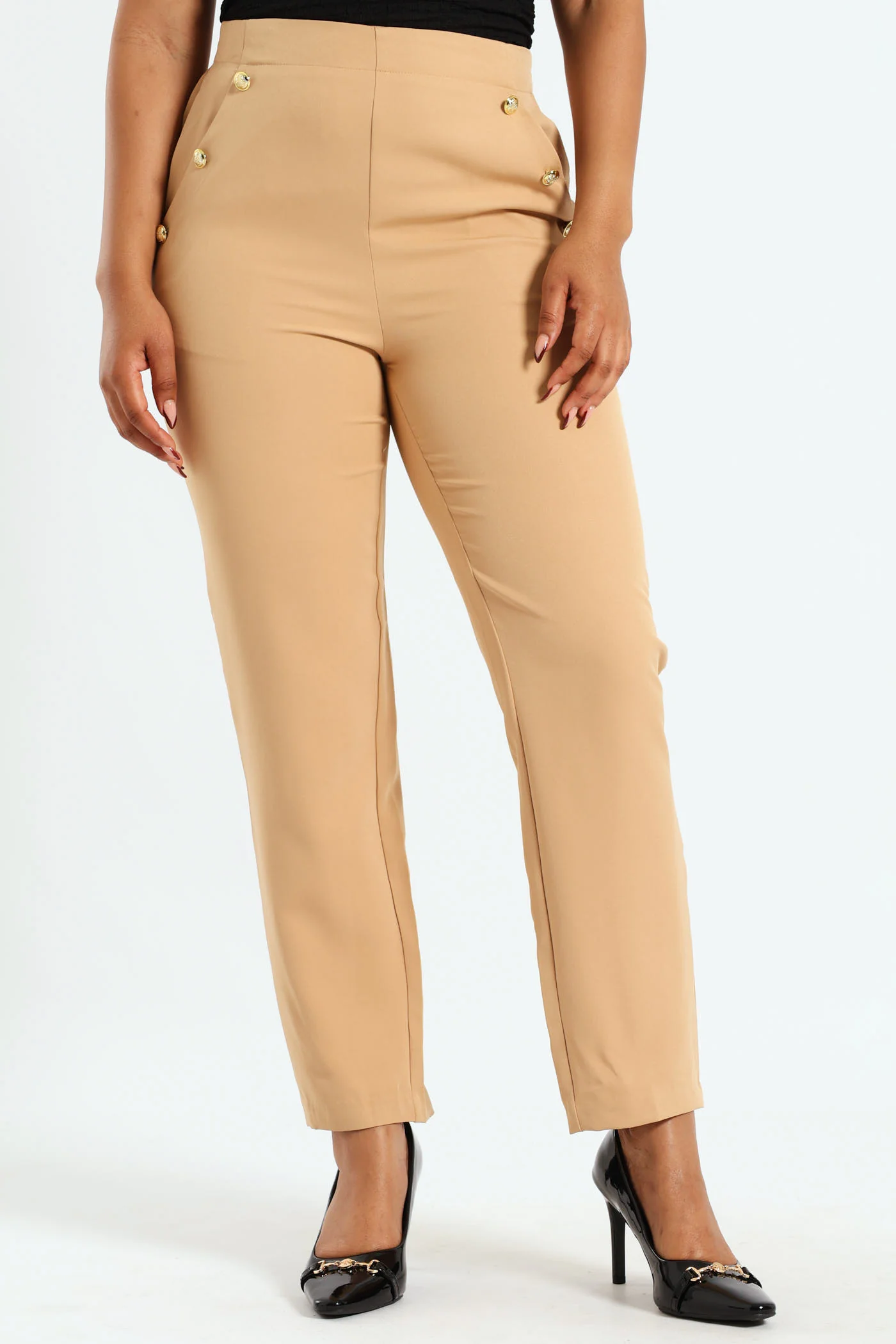 Fancy Button Slim Leg Pants - Coffee