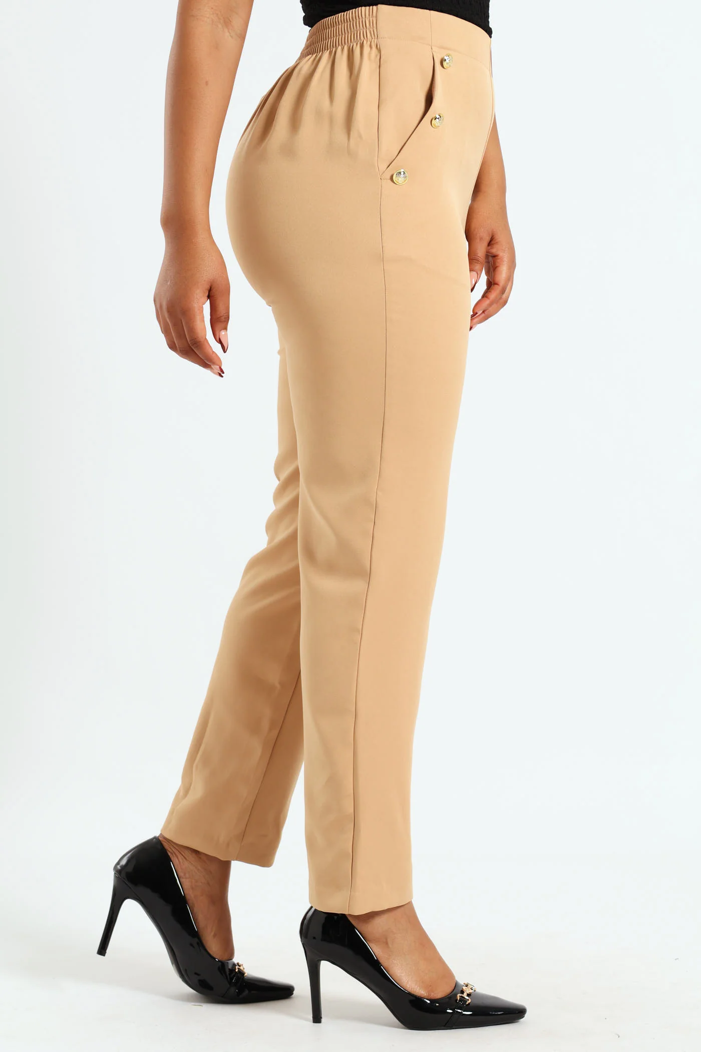 Fancy Button Slim Leg Pants - Coffee - Image 3