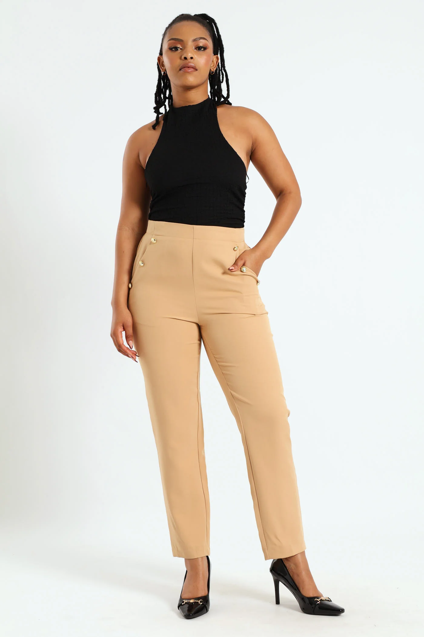 Fancy Button Slim Leg Pants - Coffee - Image 5