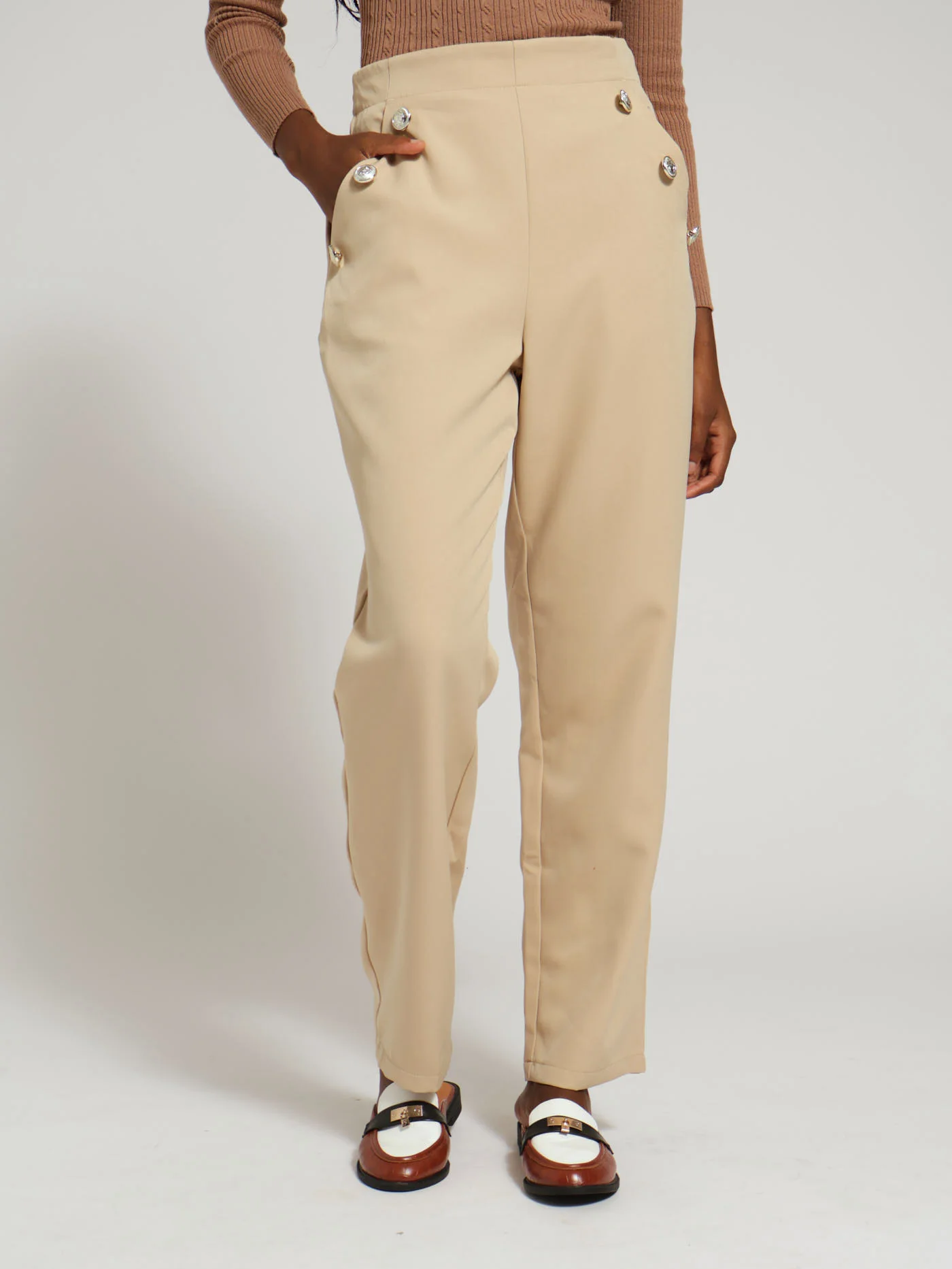 Fancy Button Slim Leg Pants - Nude