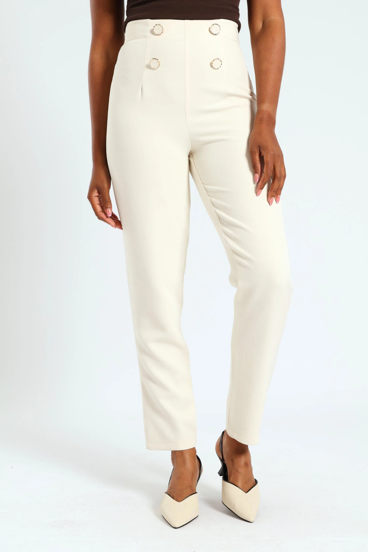 Fancy Button Slimleg Pants - Cream