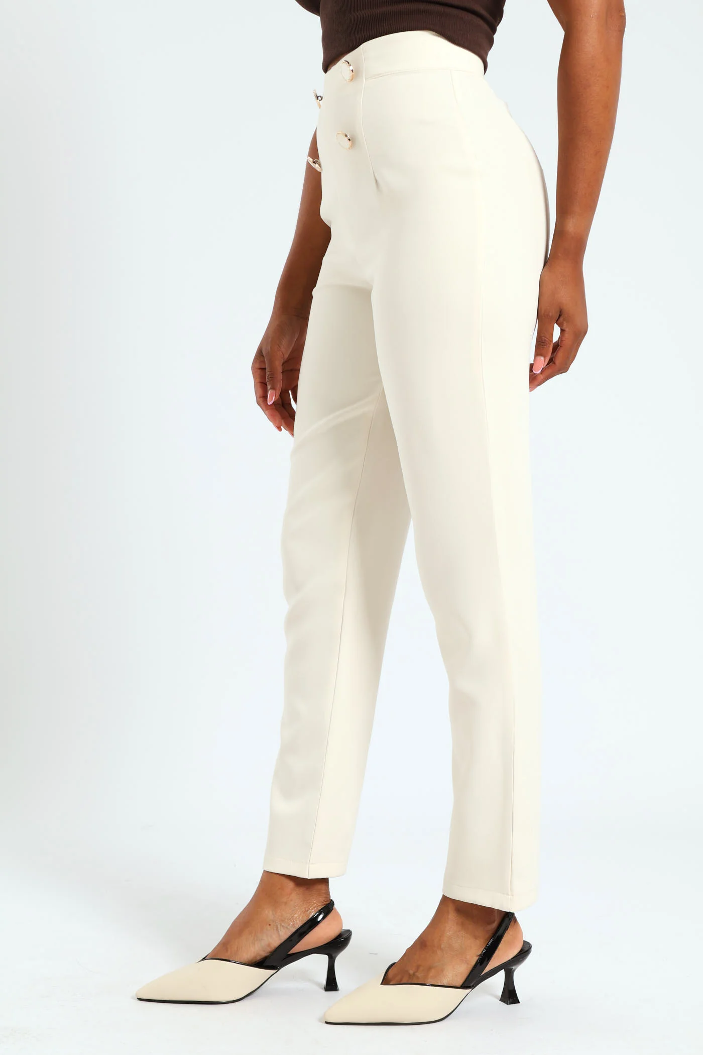 Fancy Button Slimleg Pants - Cream - Image 3