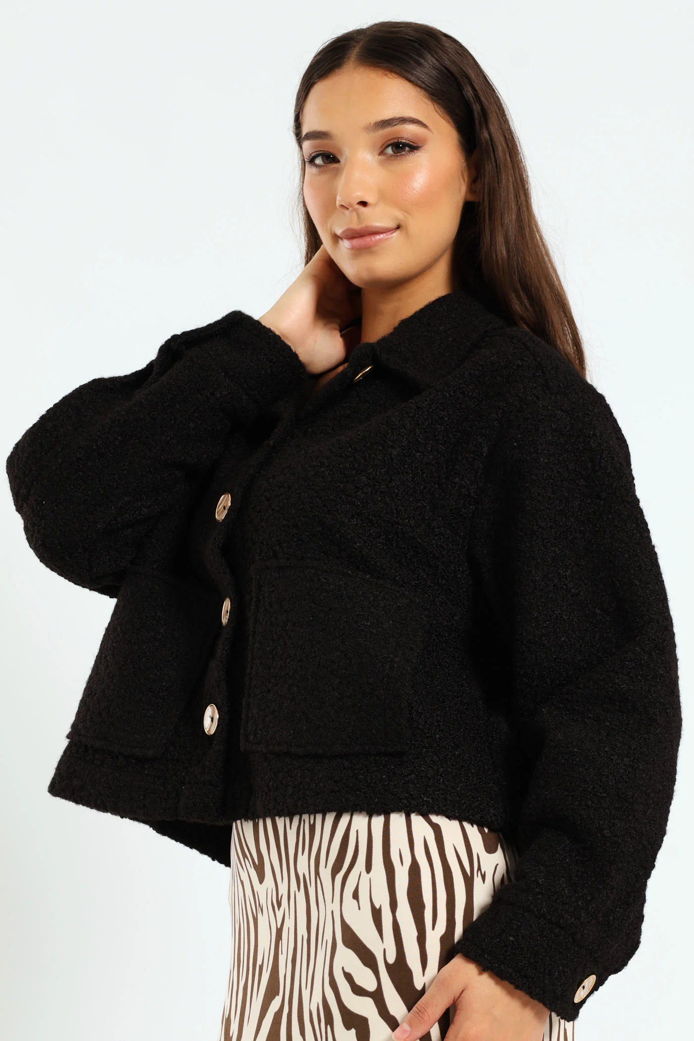 Fancy Button Textured Shacket - Black - Image 3
