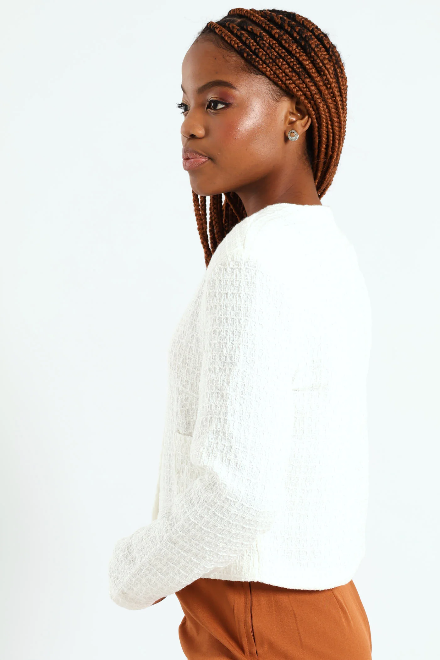 Fancy Button Tweed Blazer - White - Image 4