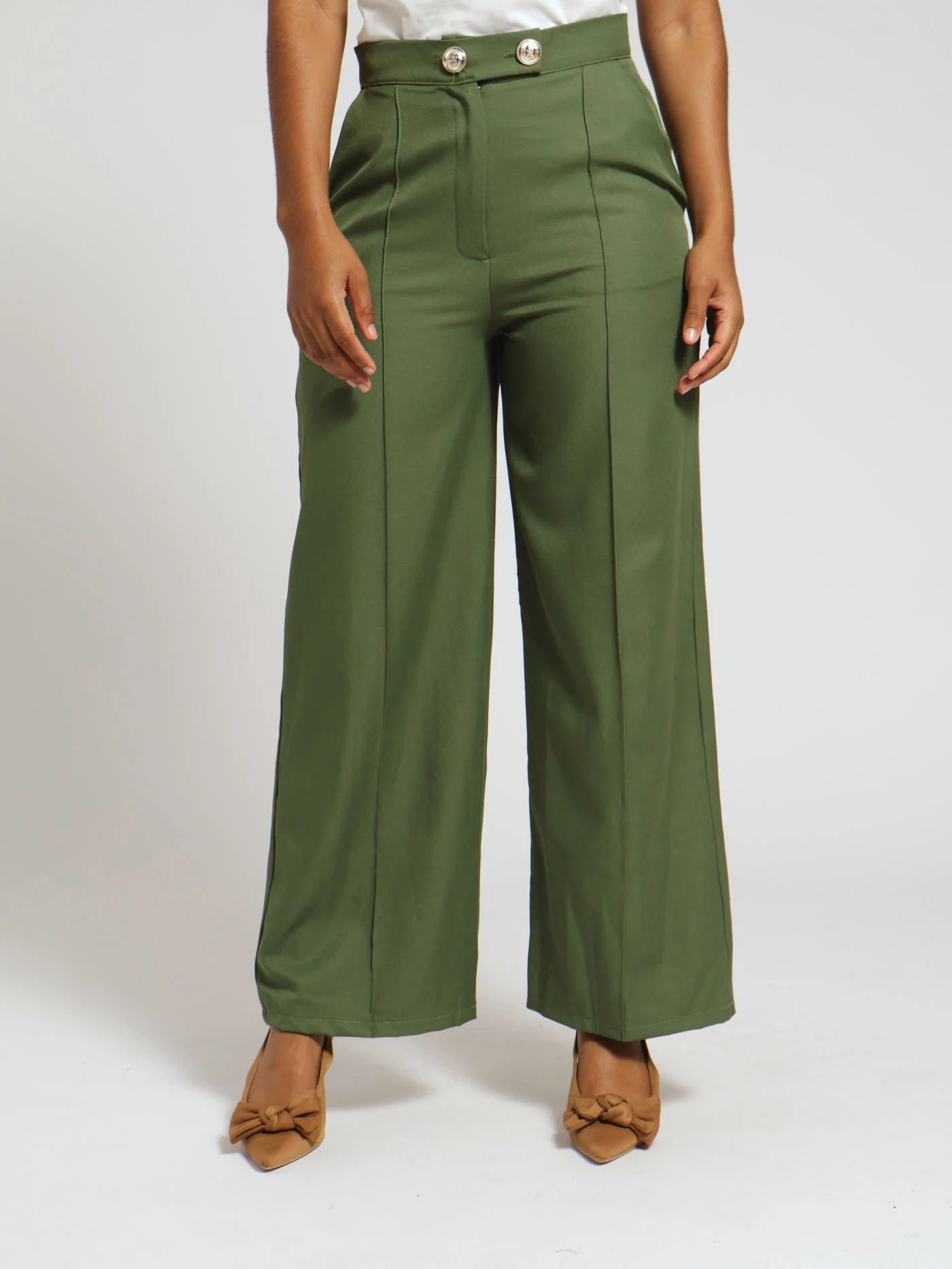 Fancy Button Twill Wideleg Pants - Olive