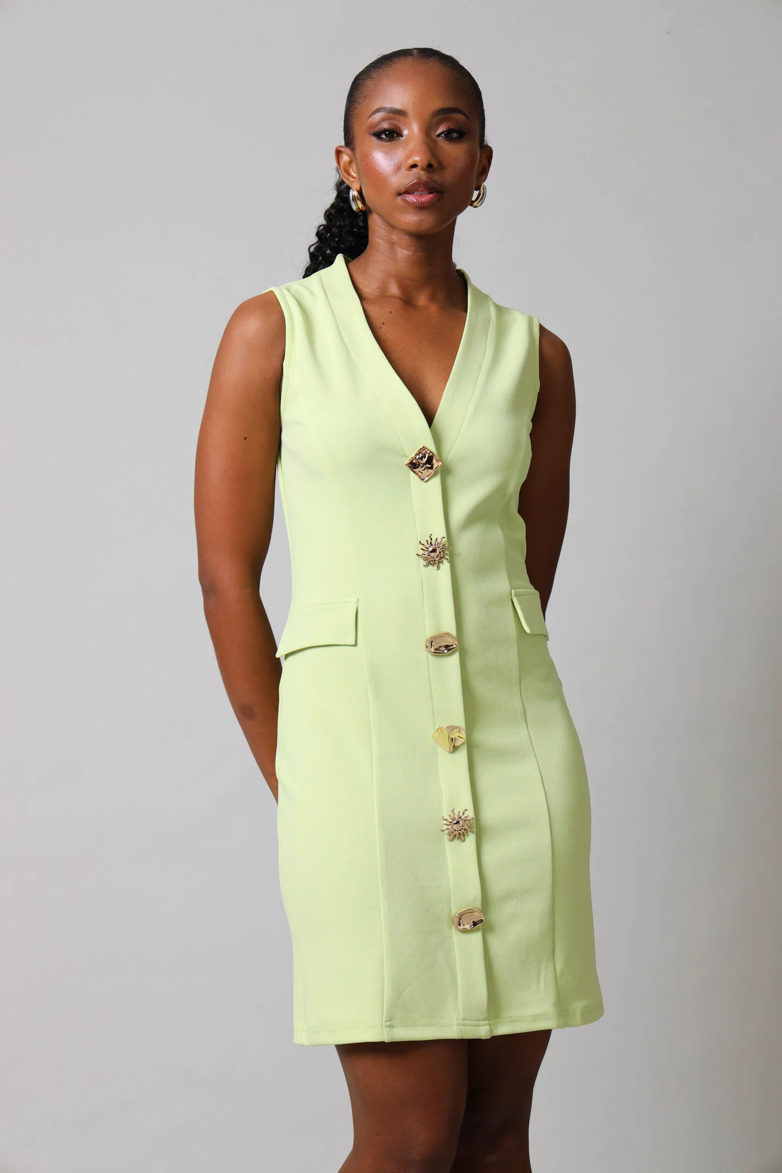Fancy Buttons Bodycon Dress - Lime