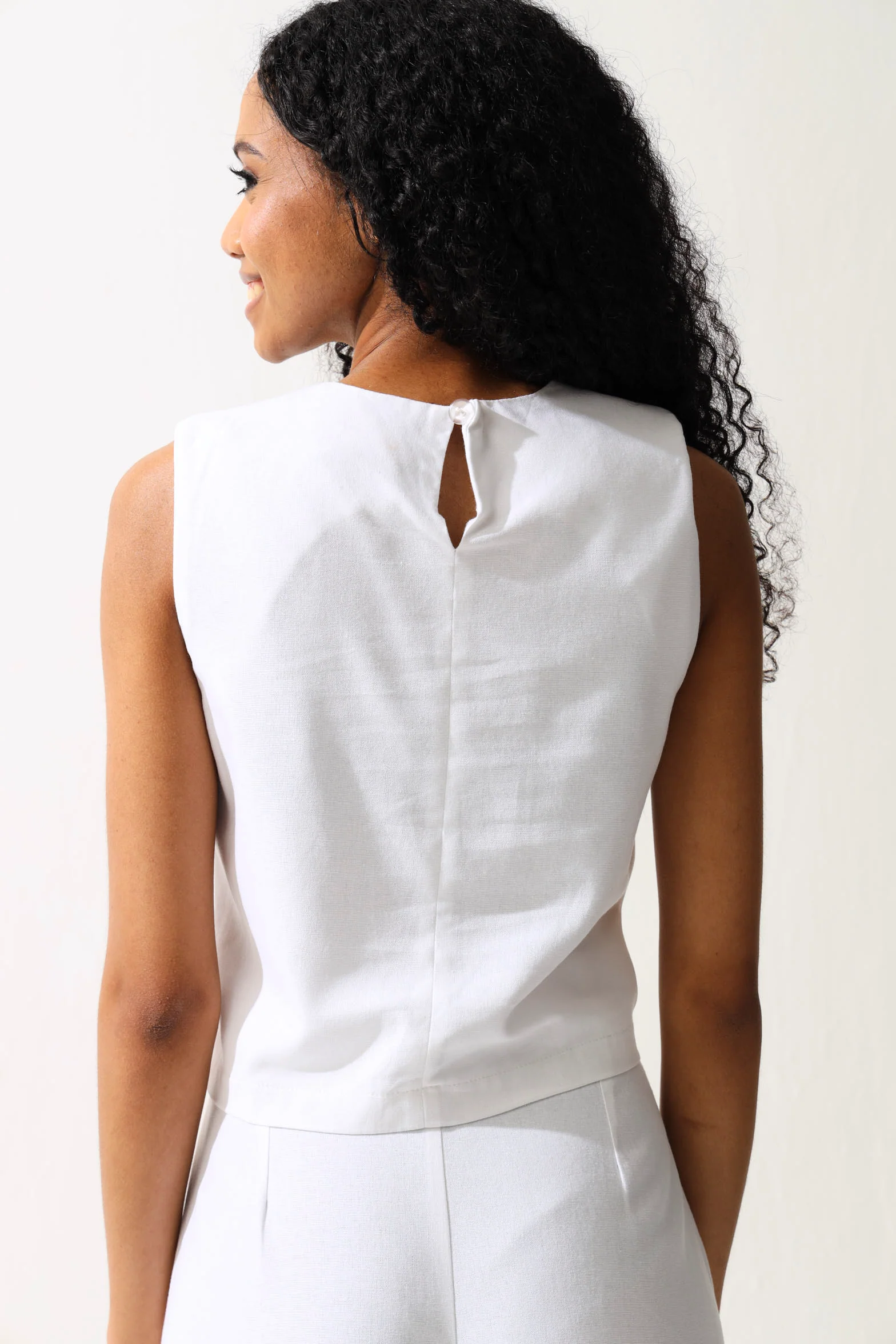 Fancy Buttons Linen Look Top - White - Image 4