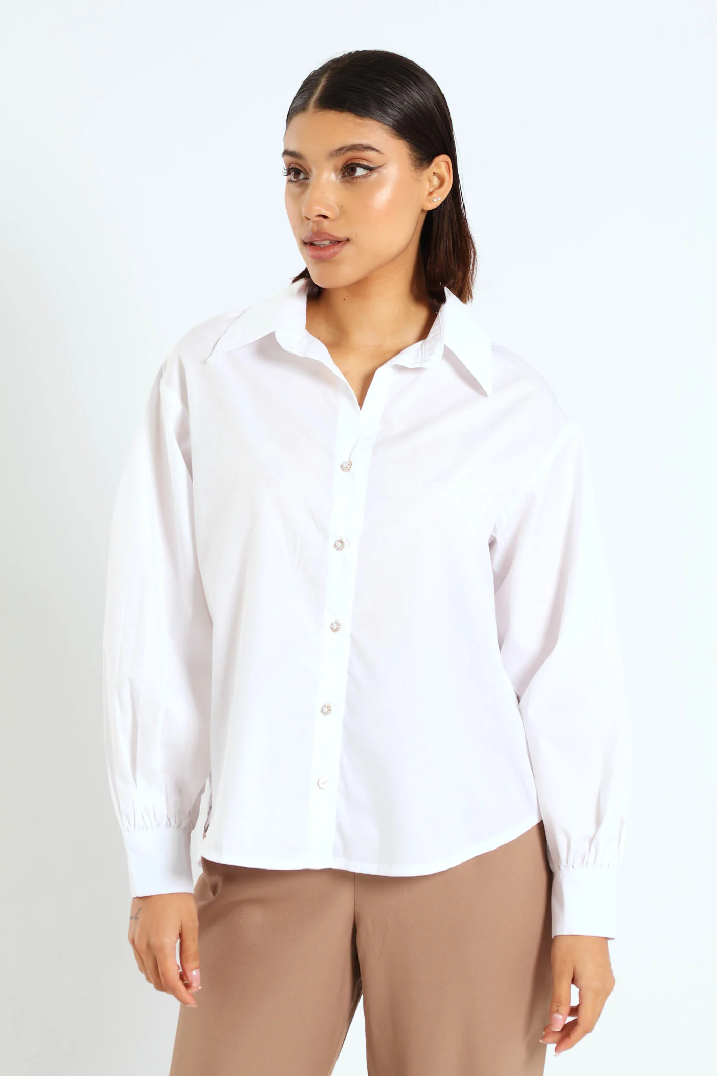 Fancy Buttons Poplin Shirt - White