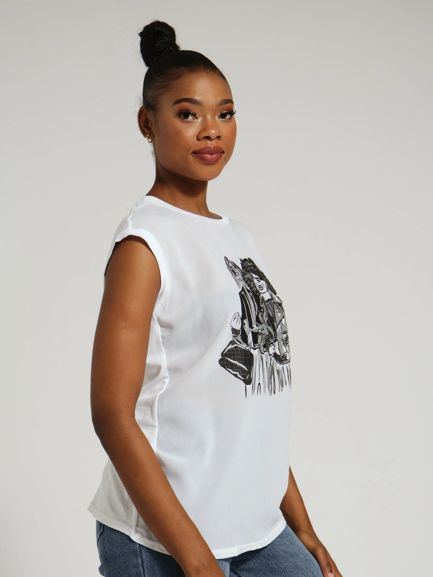 Fashion Illustration Knit Woven Combo Top - White - Image 3