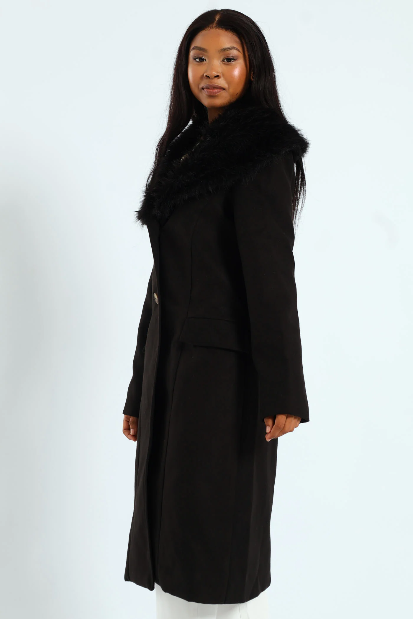 Faux Fur Collar Melton Coat - Black - Image 2
