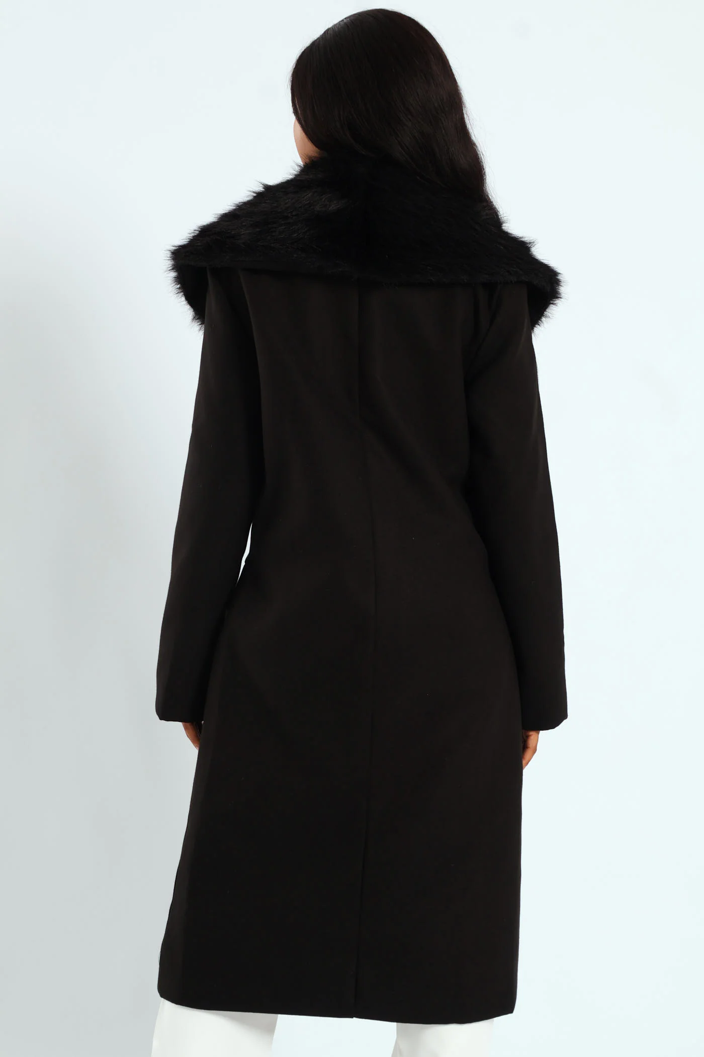 Faux Fur Collar Melton Coat - Black - Image 6