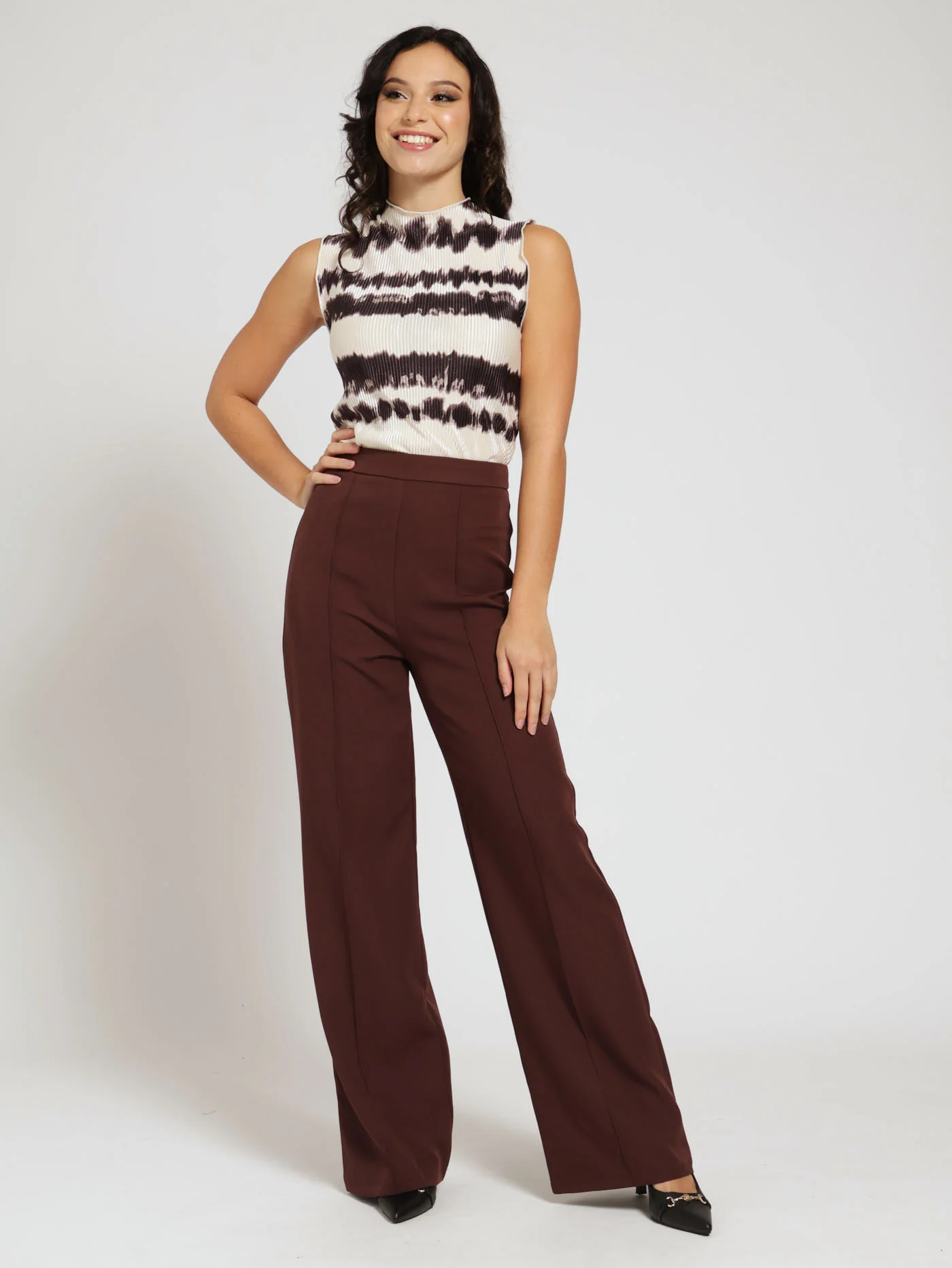 Fit & Flare Pleat Detail Pants - Brown - Image 2