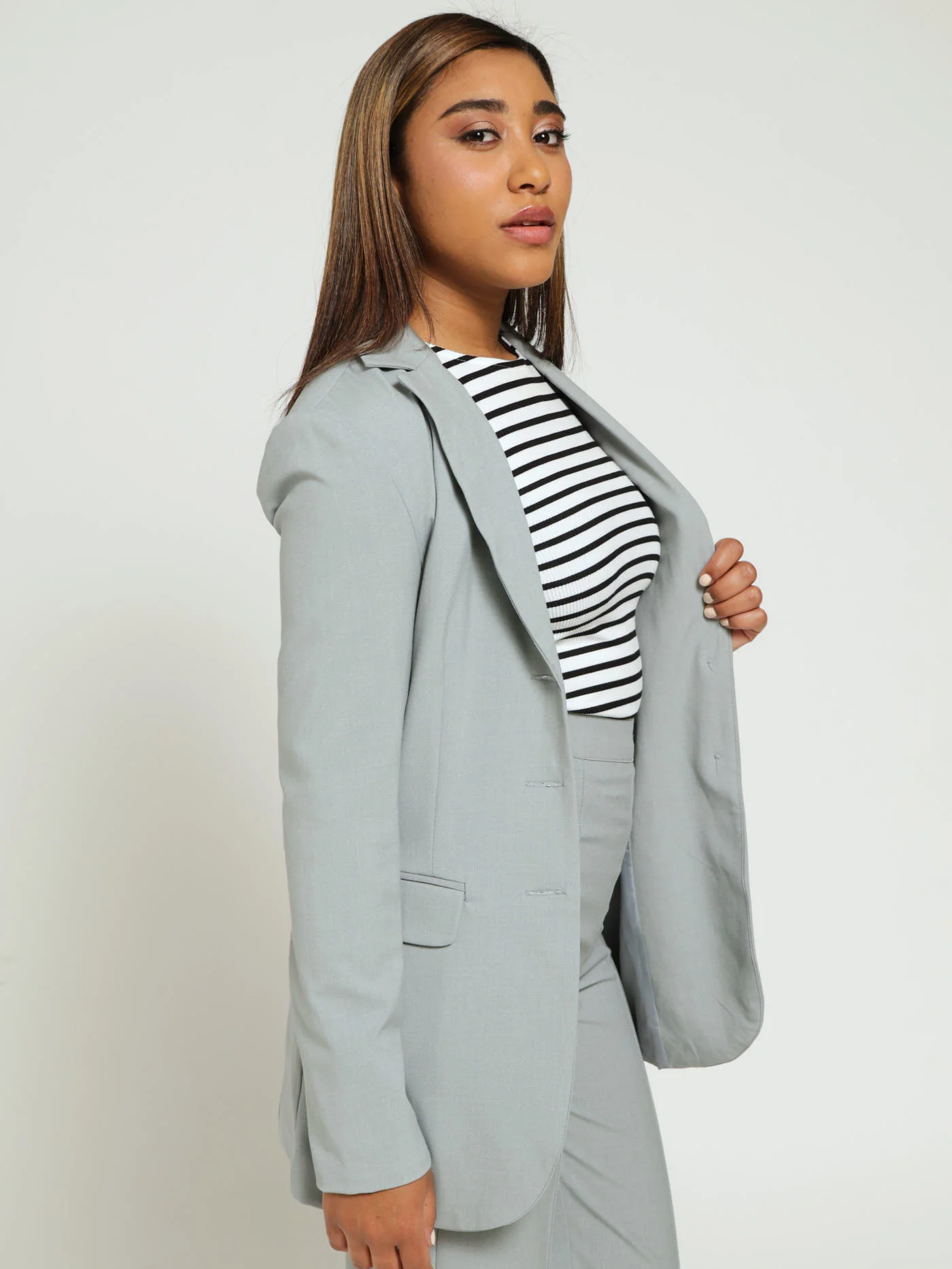 Fitted Waist Single Breasted Blazer - Grey - Image 2