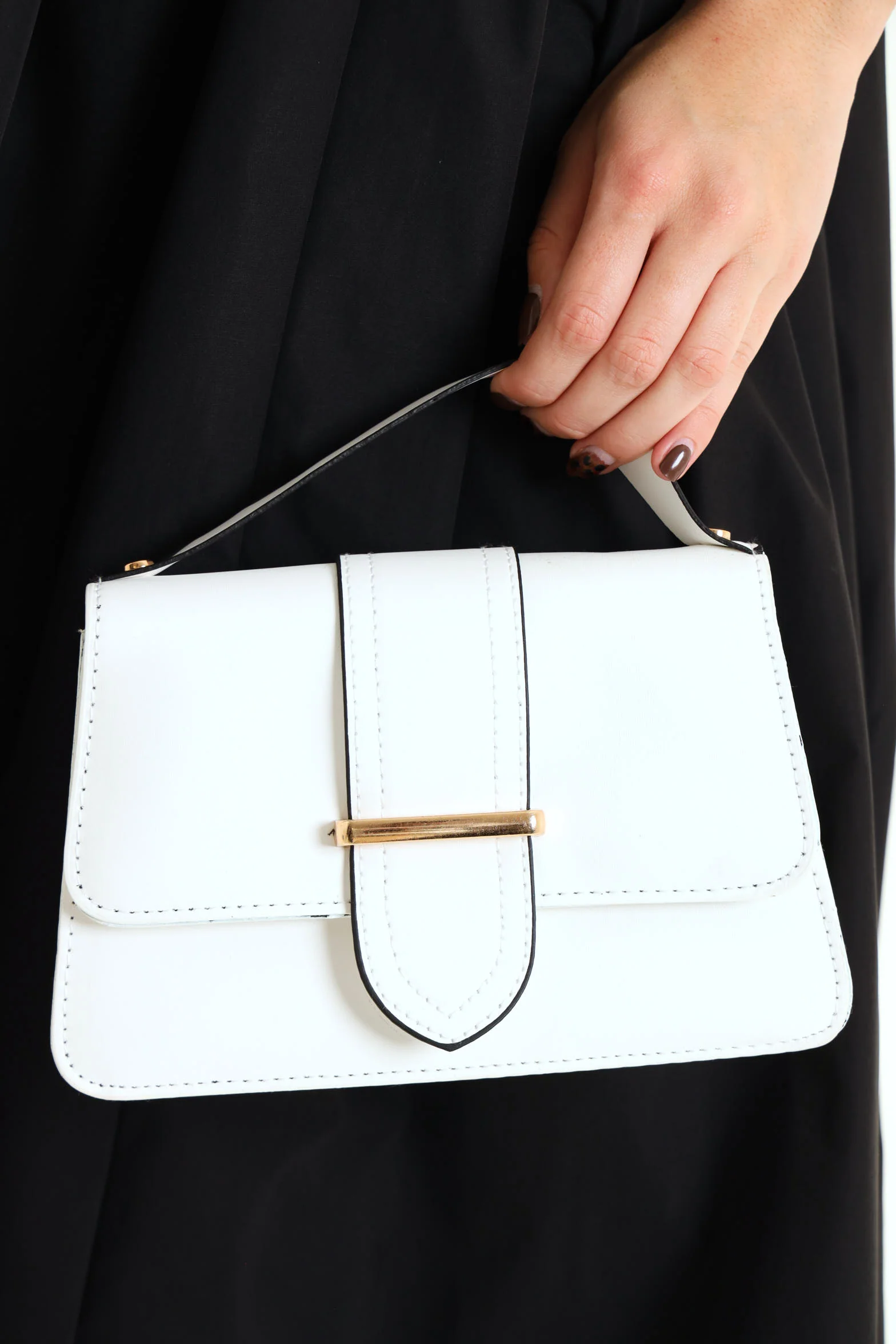 Flap Over Metal Trim Satchel Bag - White/Ochre