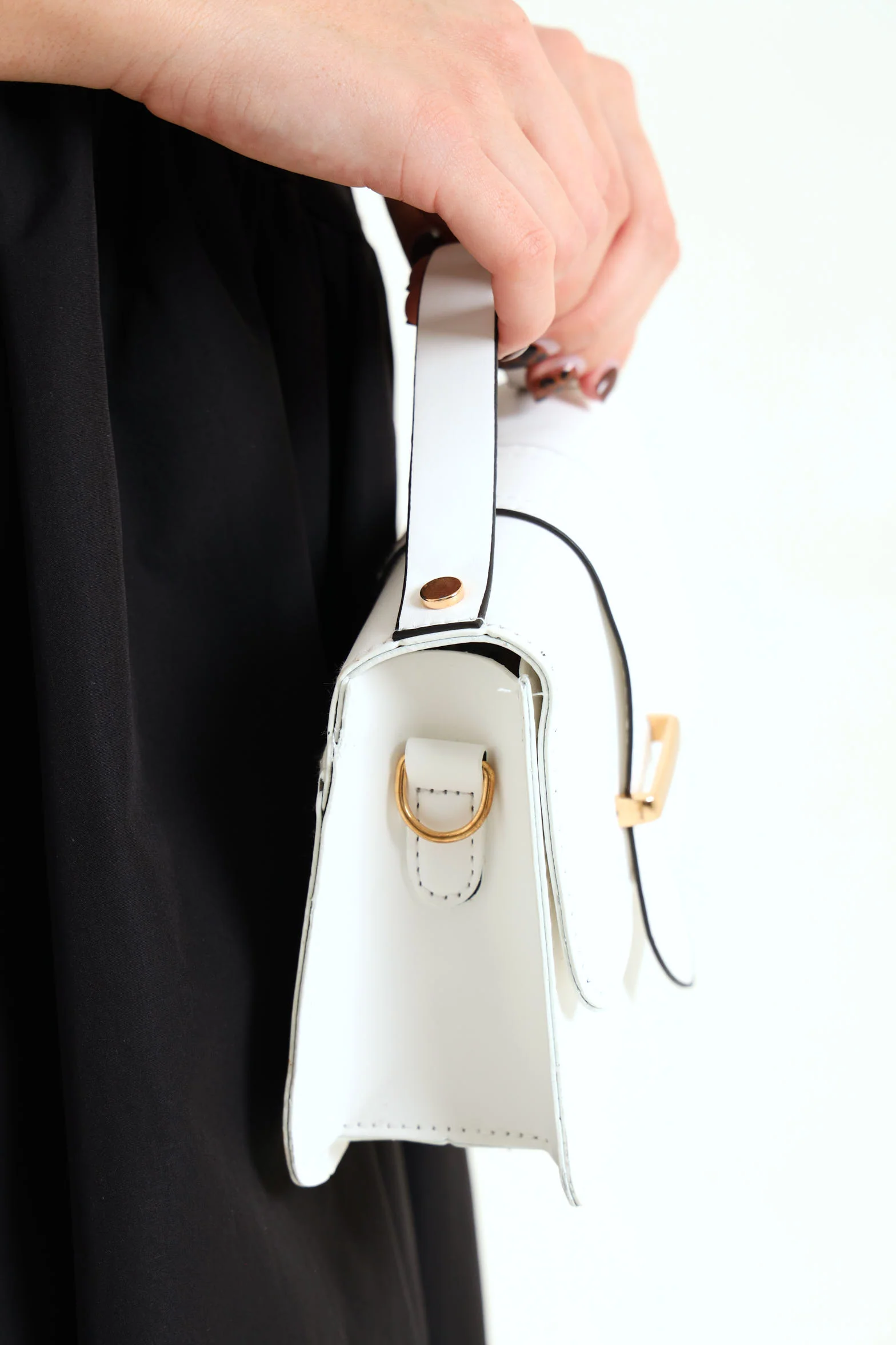 Flap Over Metal Trim Satchel Bag - White/Ochre - Image 4