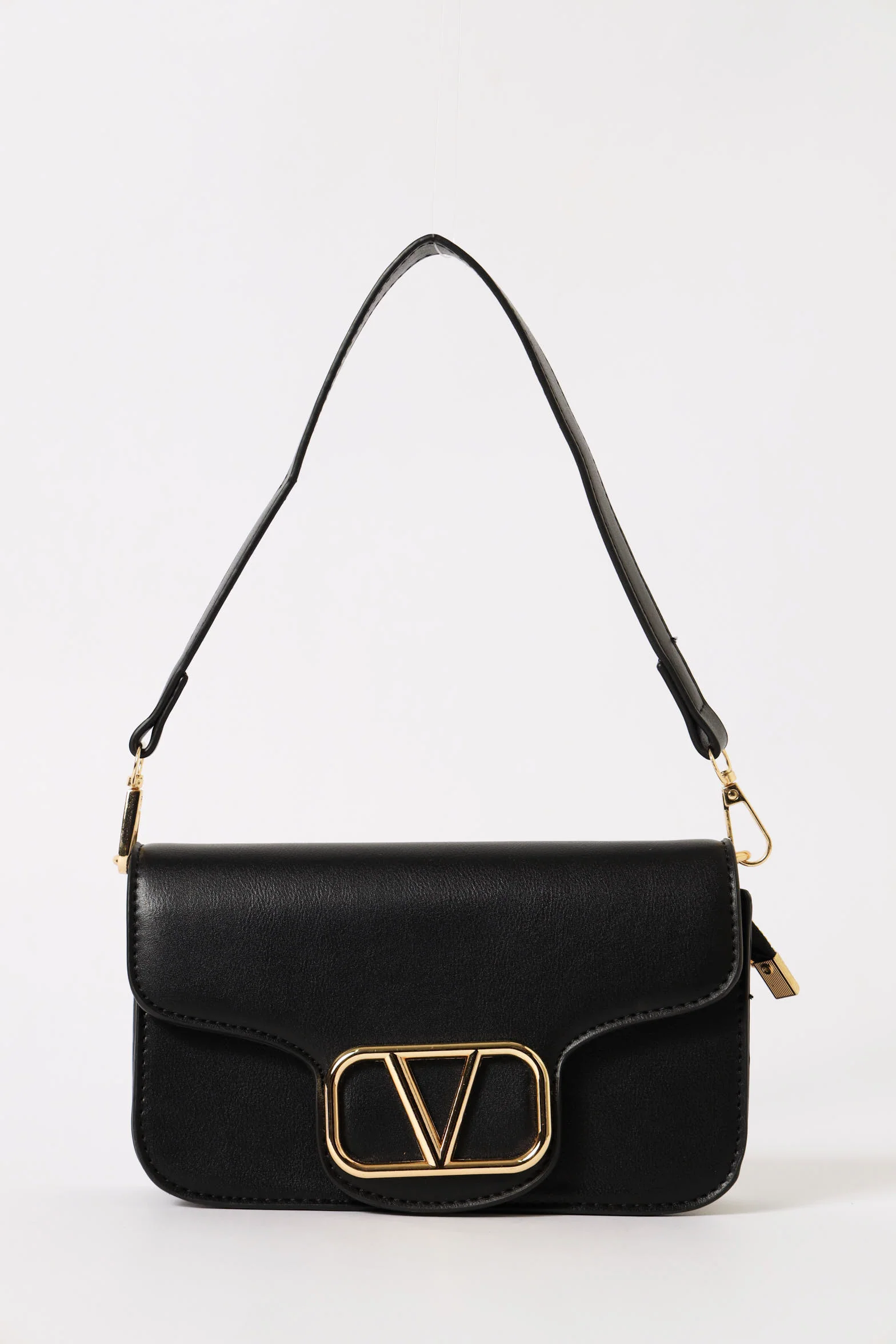 Flapover Logo Buckle Satchel Bag - Black