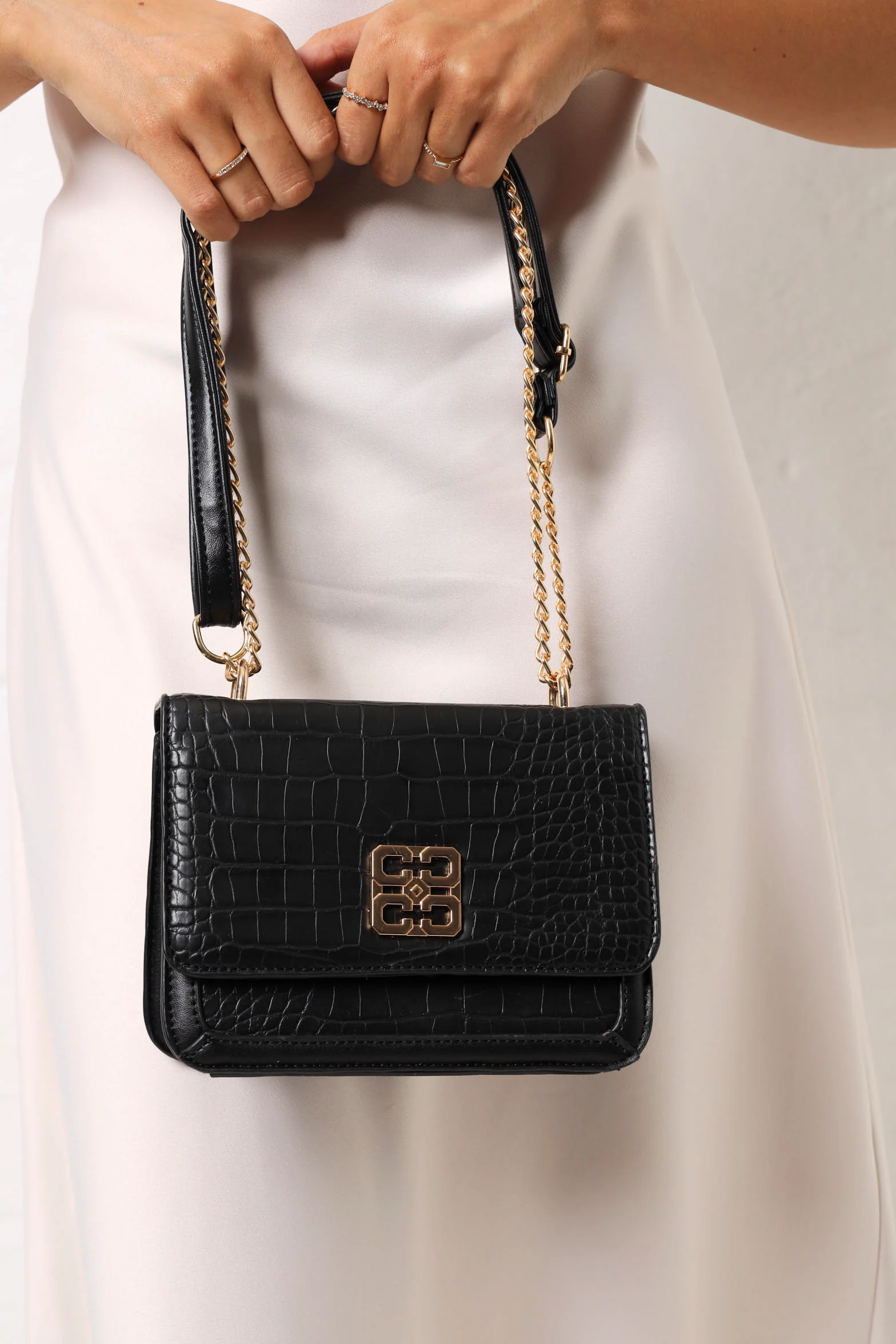 Flapover Metal Square Logo Satchel - Black