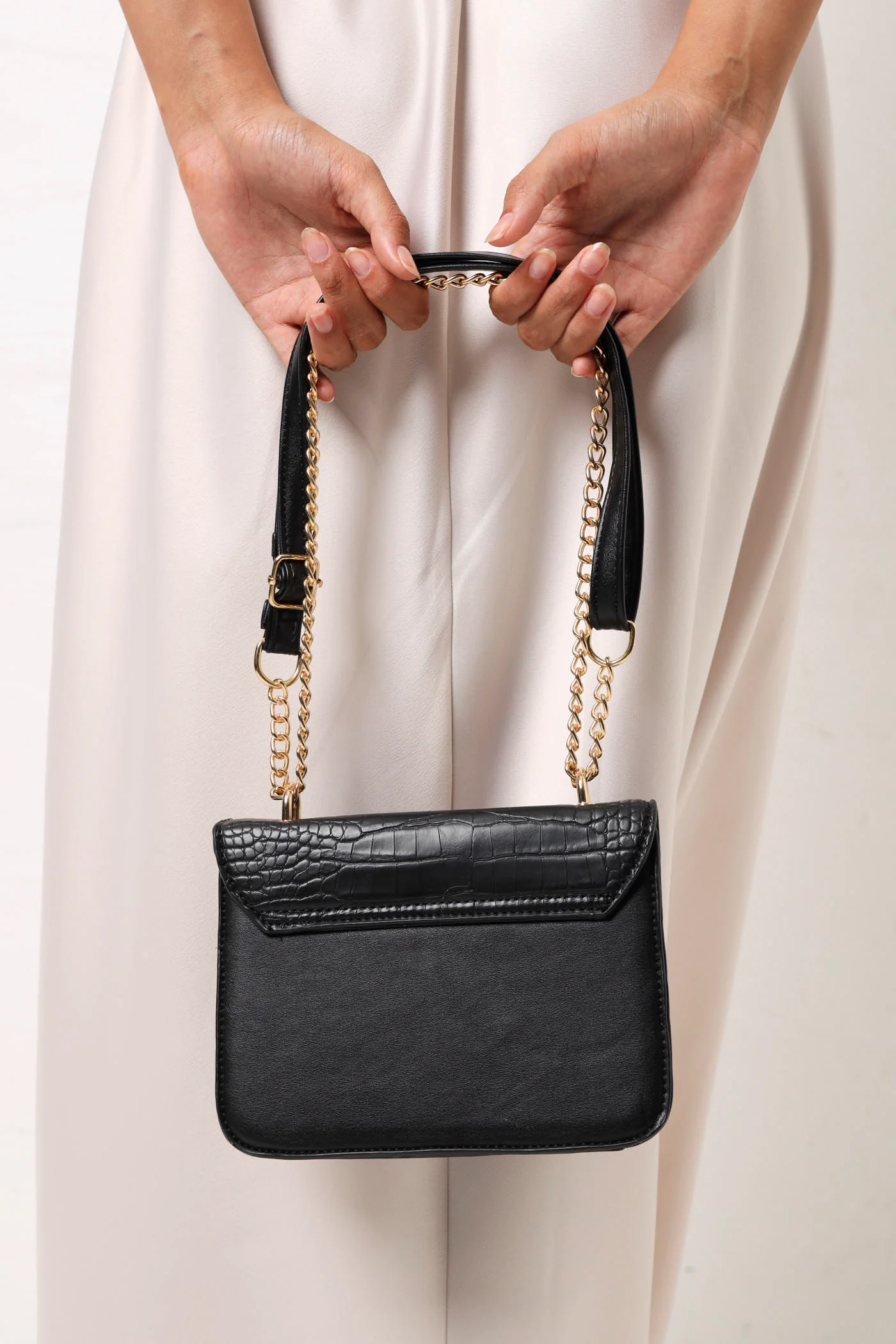 Flapover Metal Square Logo Satchel - Black - Image 2