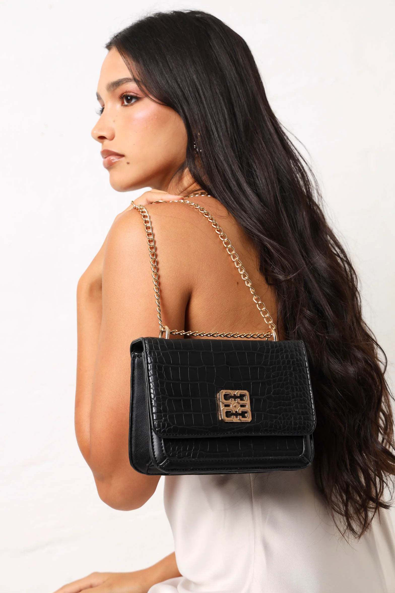 Flapover Metal Square Logo Satchel - Black - Image 4
