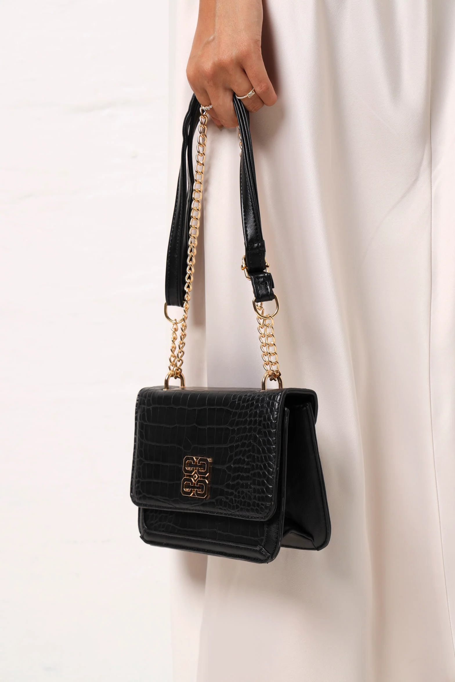 Flapover Metal Square Logo Satchel - Black - Image 5