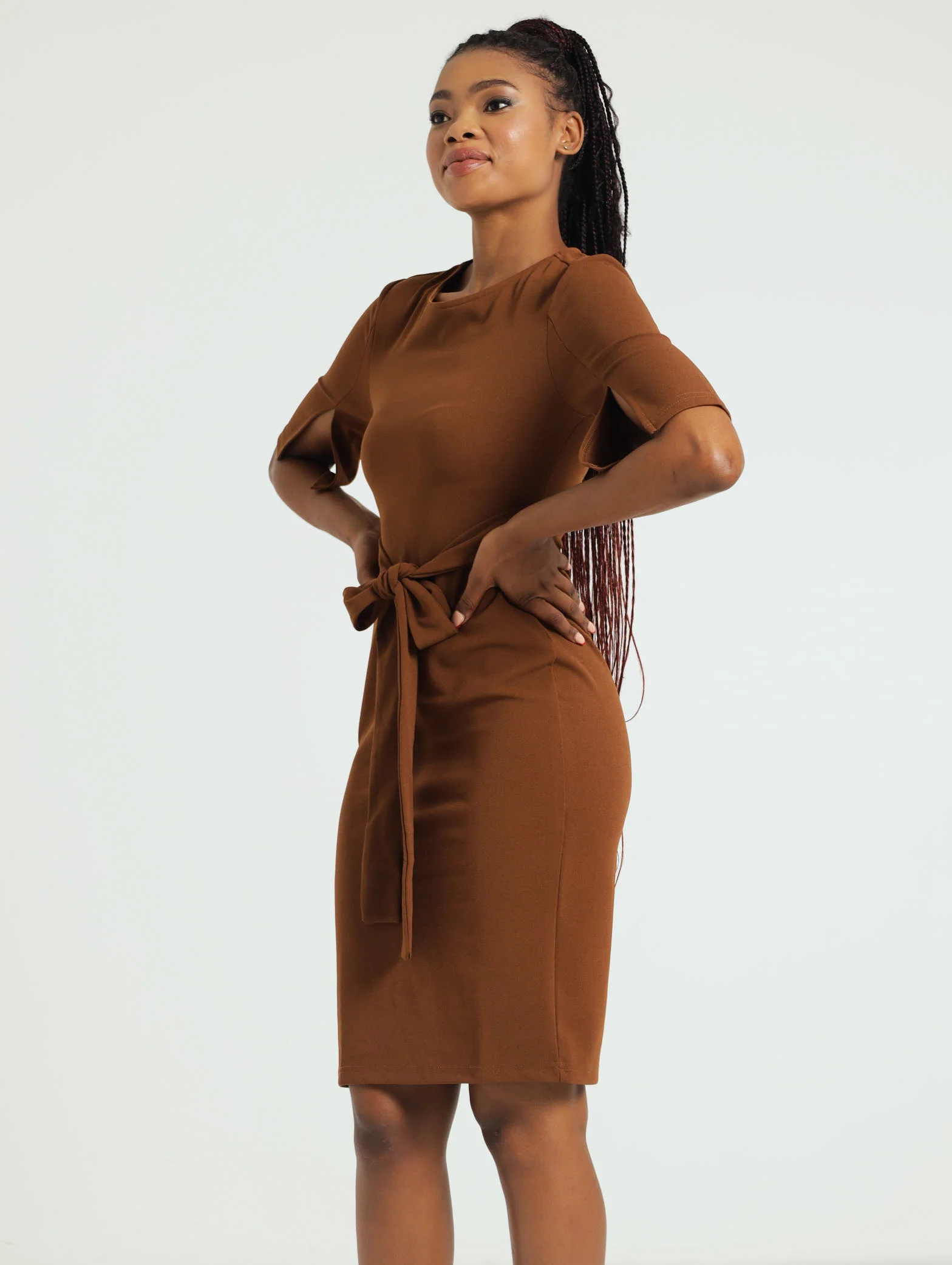 Flare Slit Sleeve Bodycon Dress - Brown - Image 3