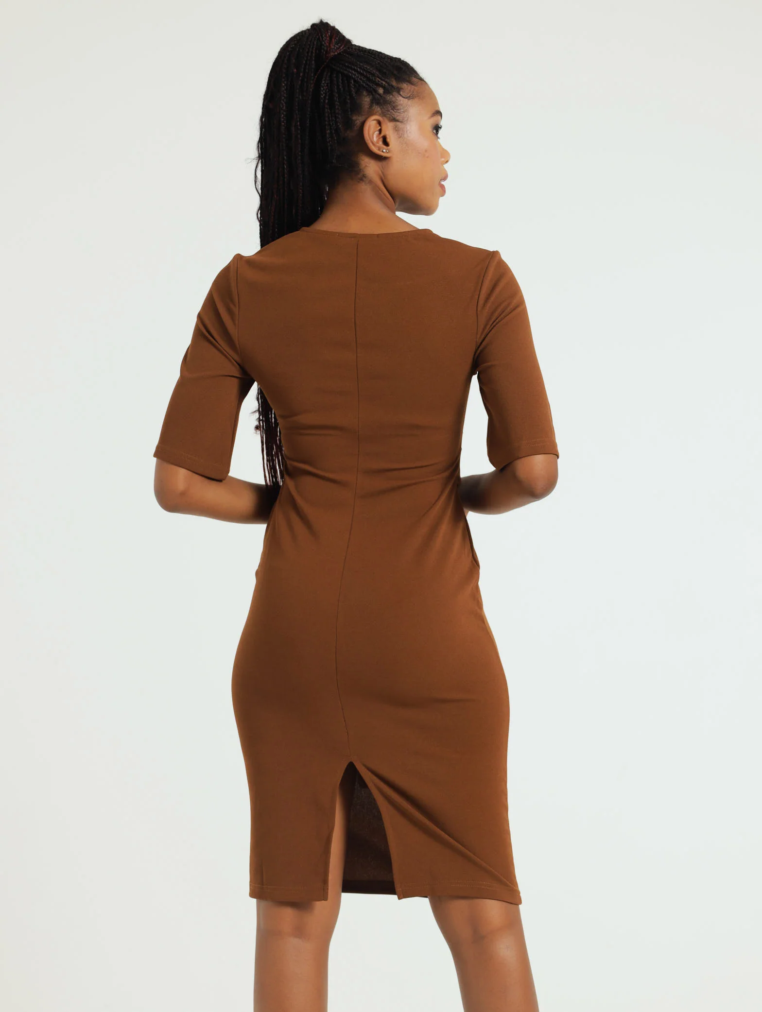 Flare Slit Sleeve Bodycon Dress - Brown - Image 4