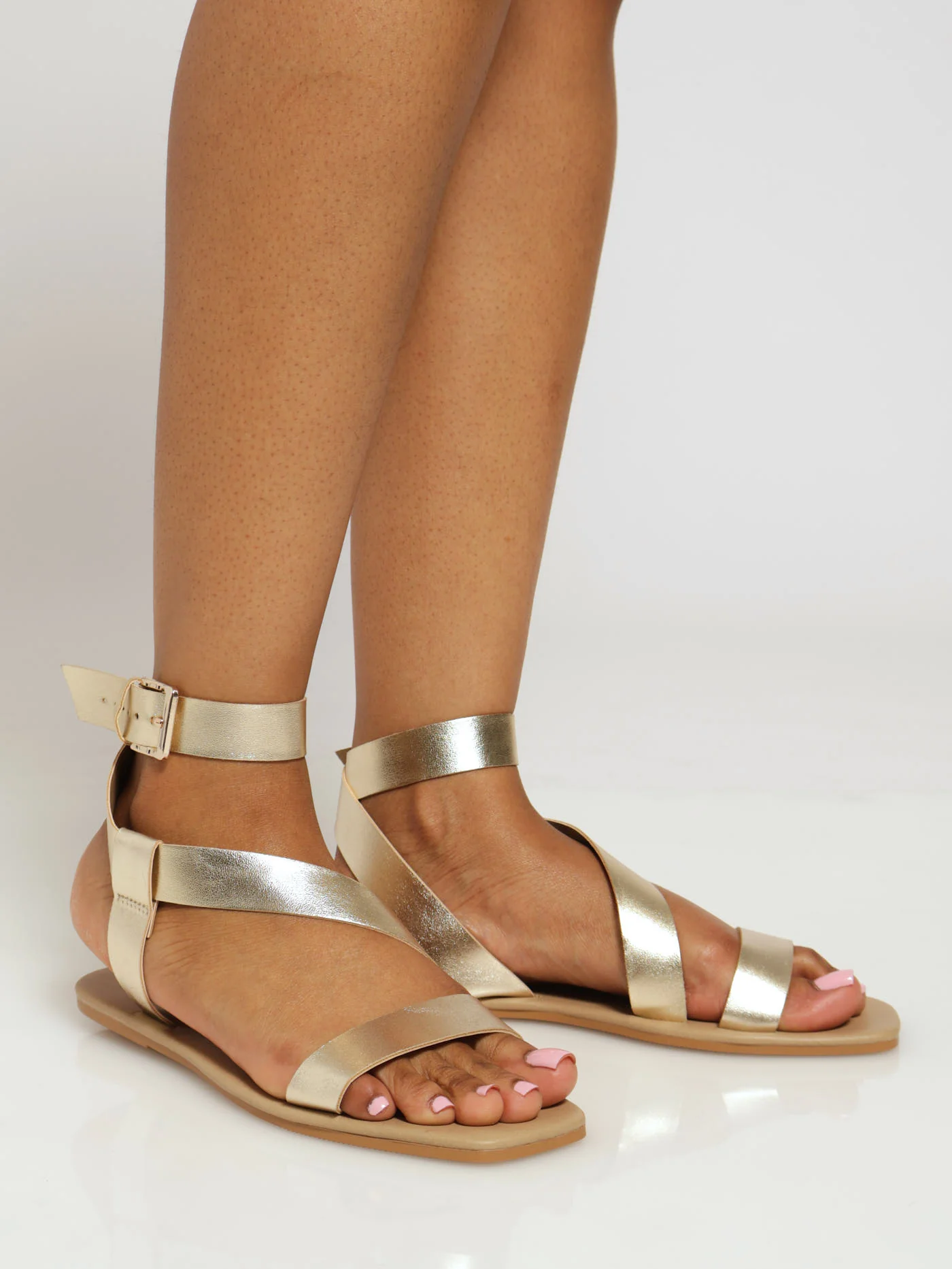Flat Basic Asymmetrical Metallic Mule With Ankle Strap - Gold - Image 2
