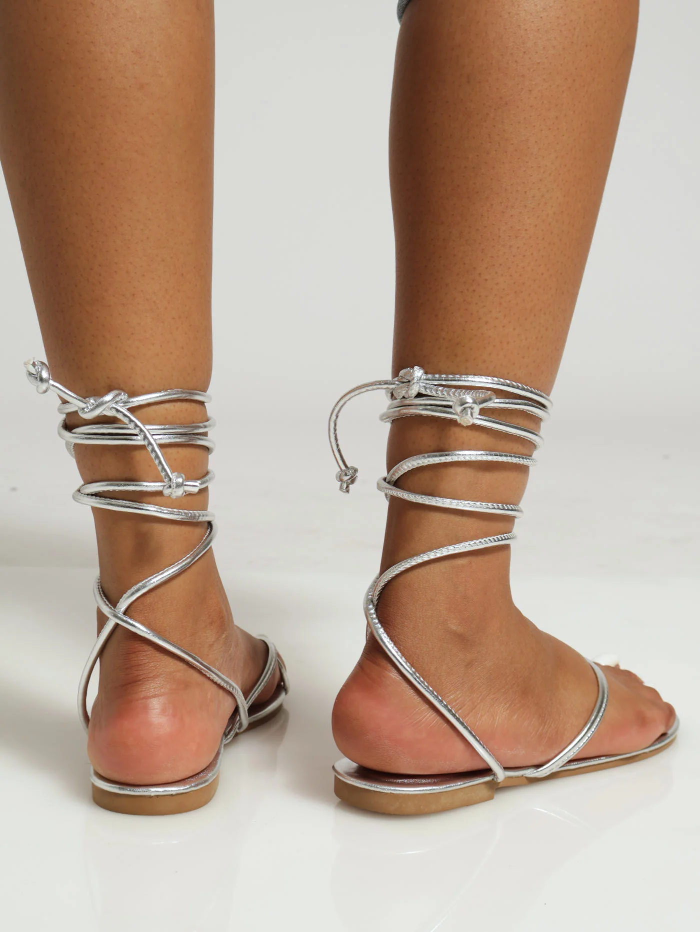 Flat Basic Toe Post Sandal With Ankle Tie - Silver - Image 3