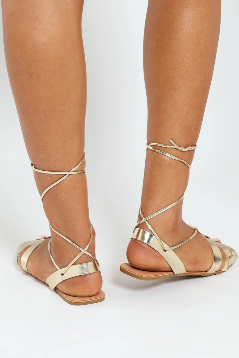 Flat Caged Sandal With Ankle Tie - Gold - Image 3
